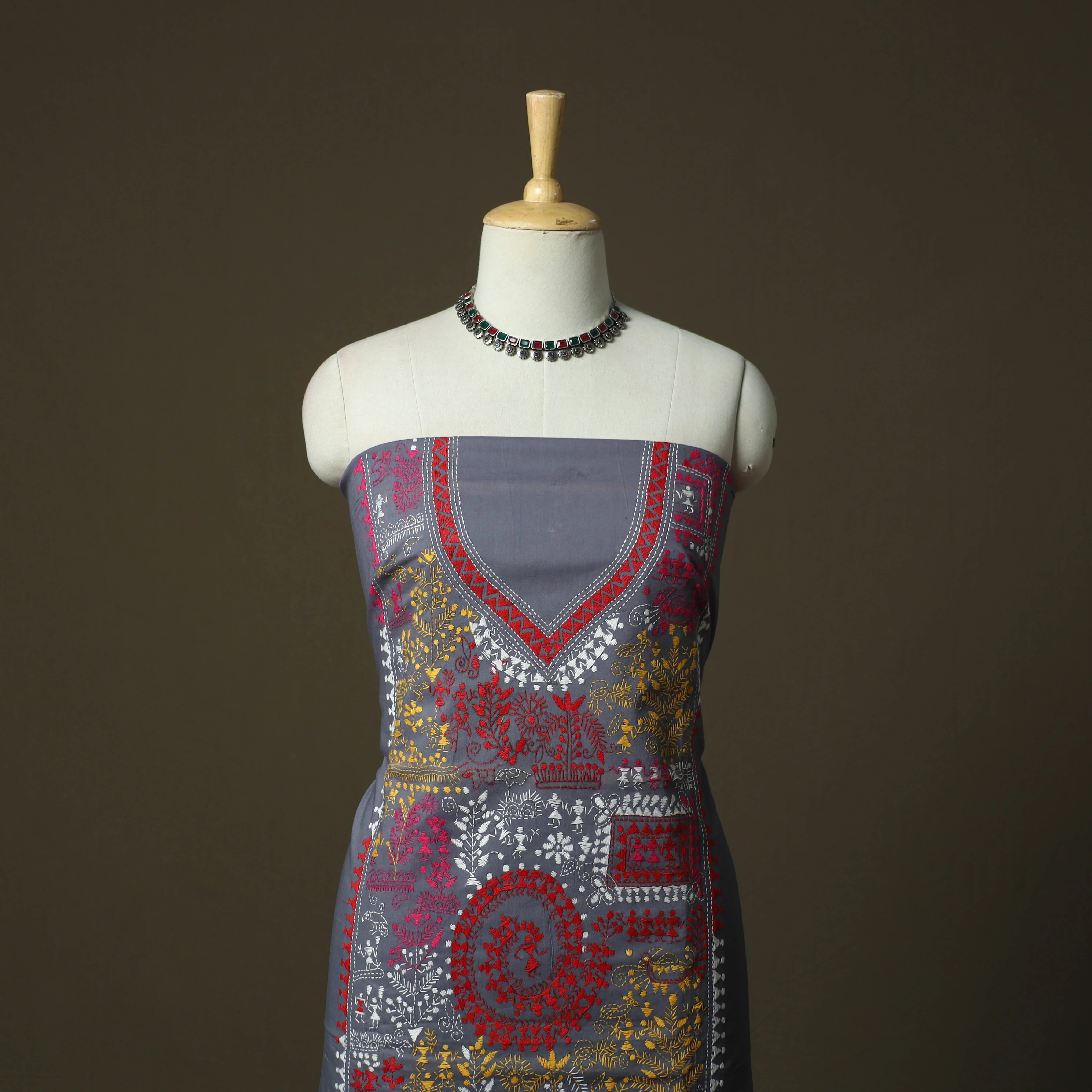 Grey - Bengal Kantha Hand Embroidered Cotton Unstitched Kurta Material (2.8M) 19 - Image 2