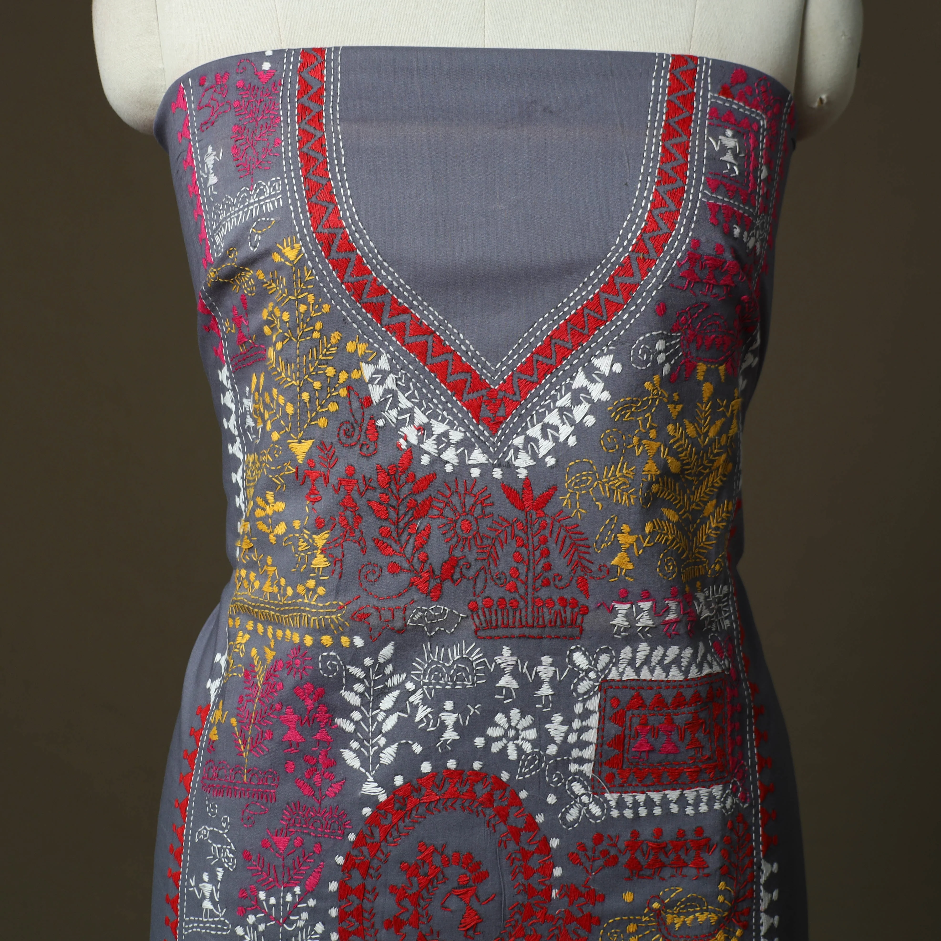 Grey - Bengal Kantha Hand Embroidered Cotton Unstitched Kurta Material (2.8M) 19 - Image 3