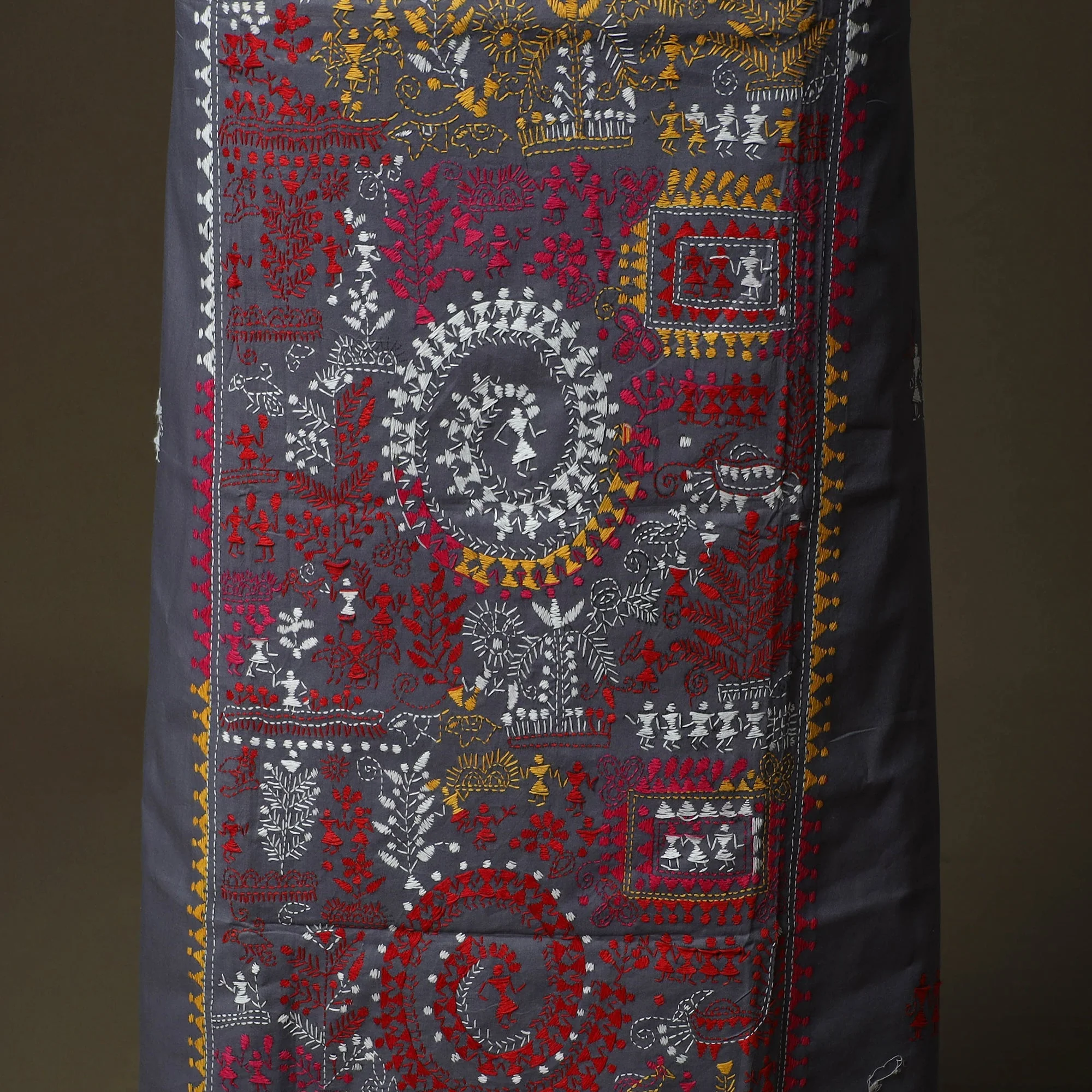Grey - Bengal Kantha Hand Embroidered Cotton Unstitched Kurta Material (2.8M) 19 - Image 4