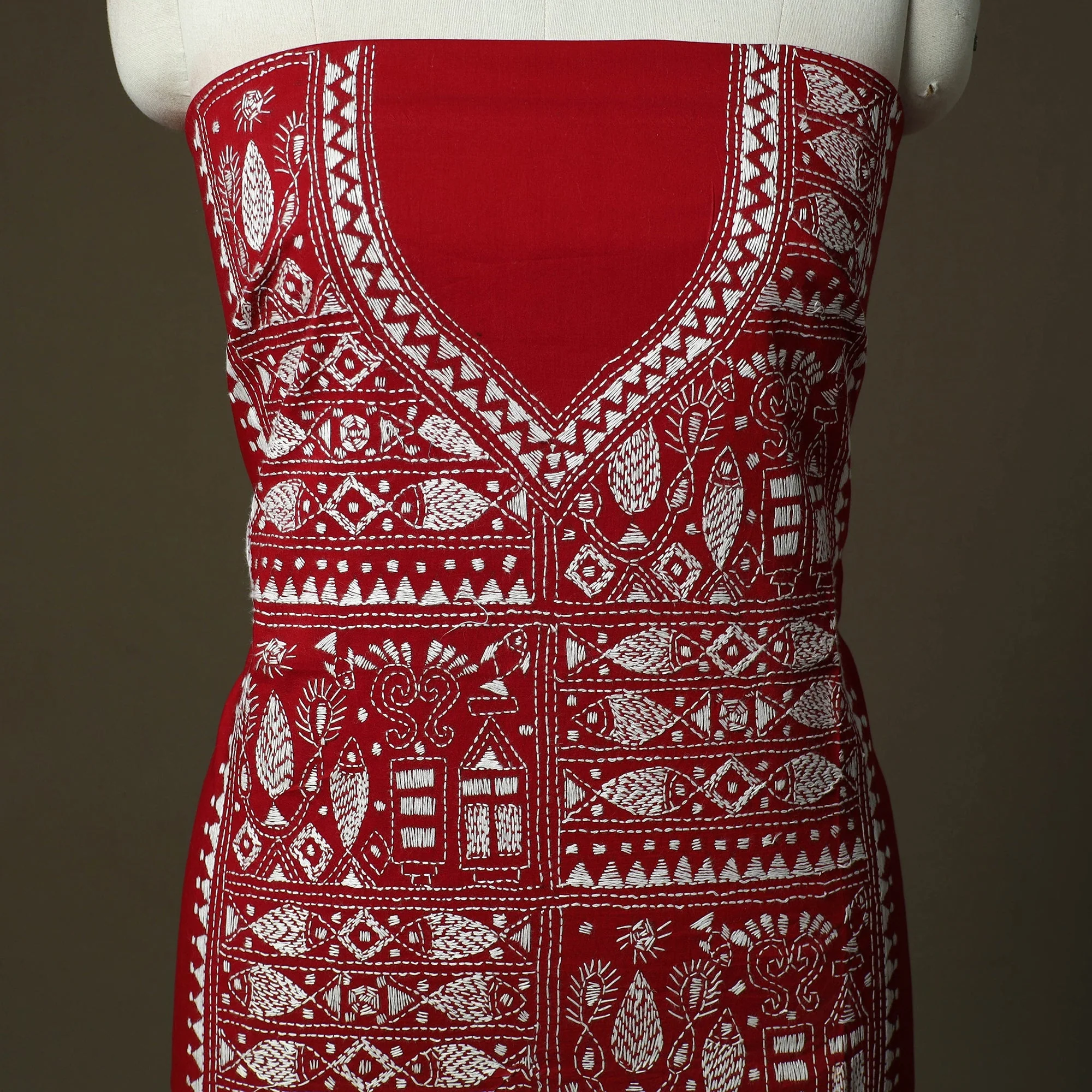 Red - Bengal Kantha Hand Embroidered Cotton Unstitched Kurta Material (2.8M) 24 - Image 3