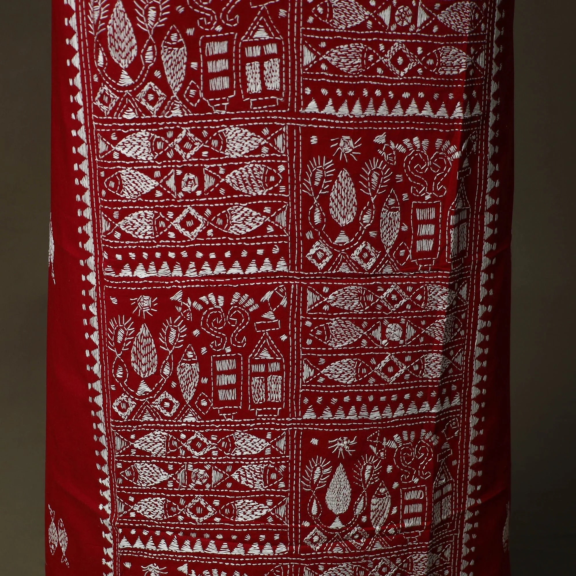 Red - Bengal Kantha Hand Embroidered Cotton Unstitched Kurta Material (2.8M) 24 - Image 4