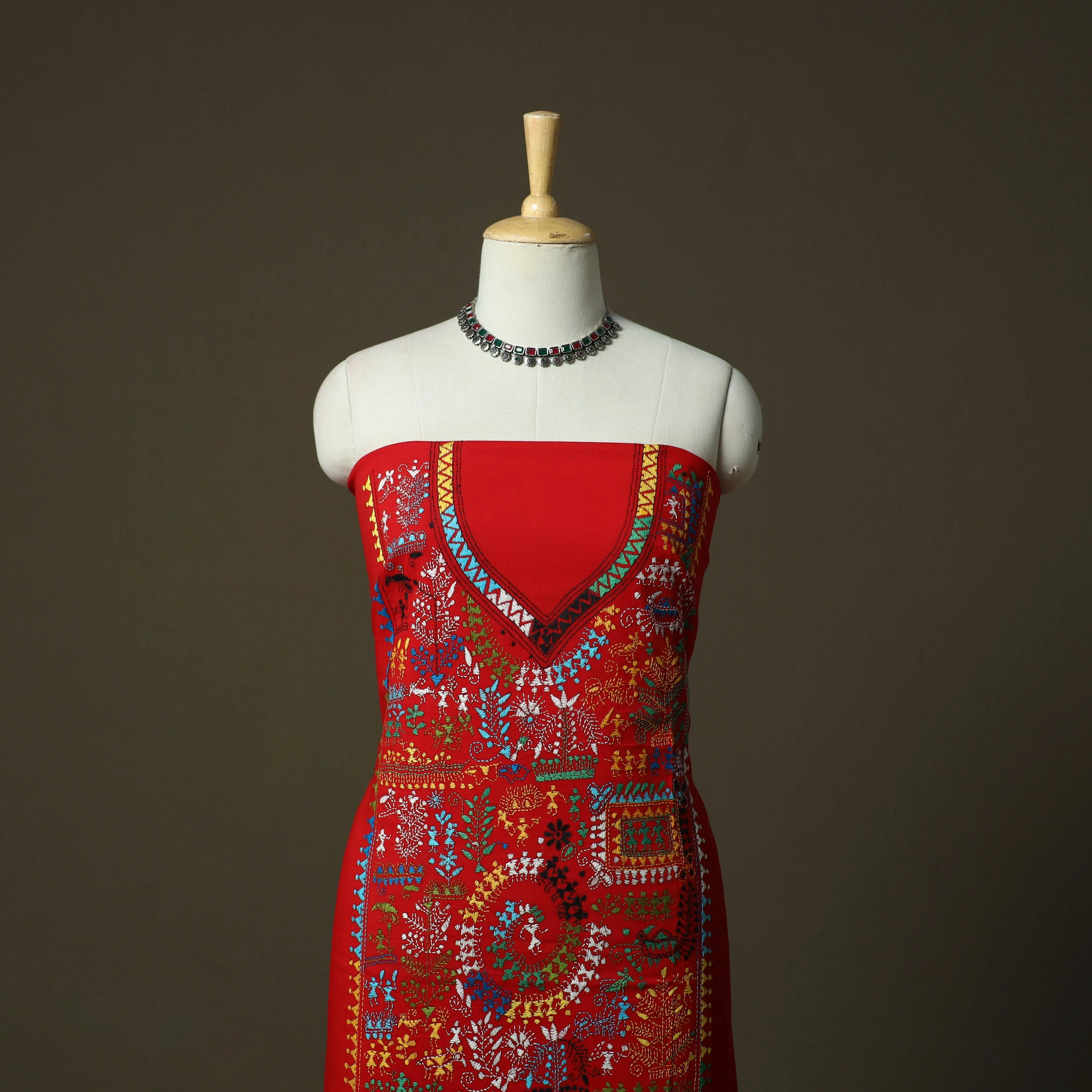 Red - Bengal Kantha Hand Embroidered Cotton Unstitched Kurta Material (2.8M) 25 - Image 2