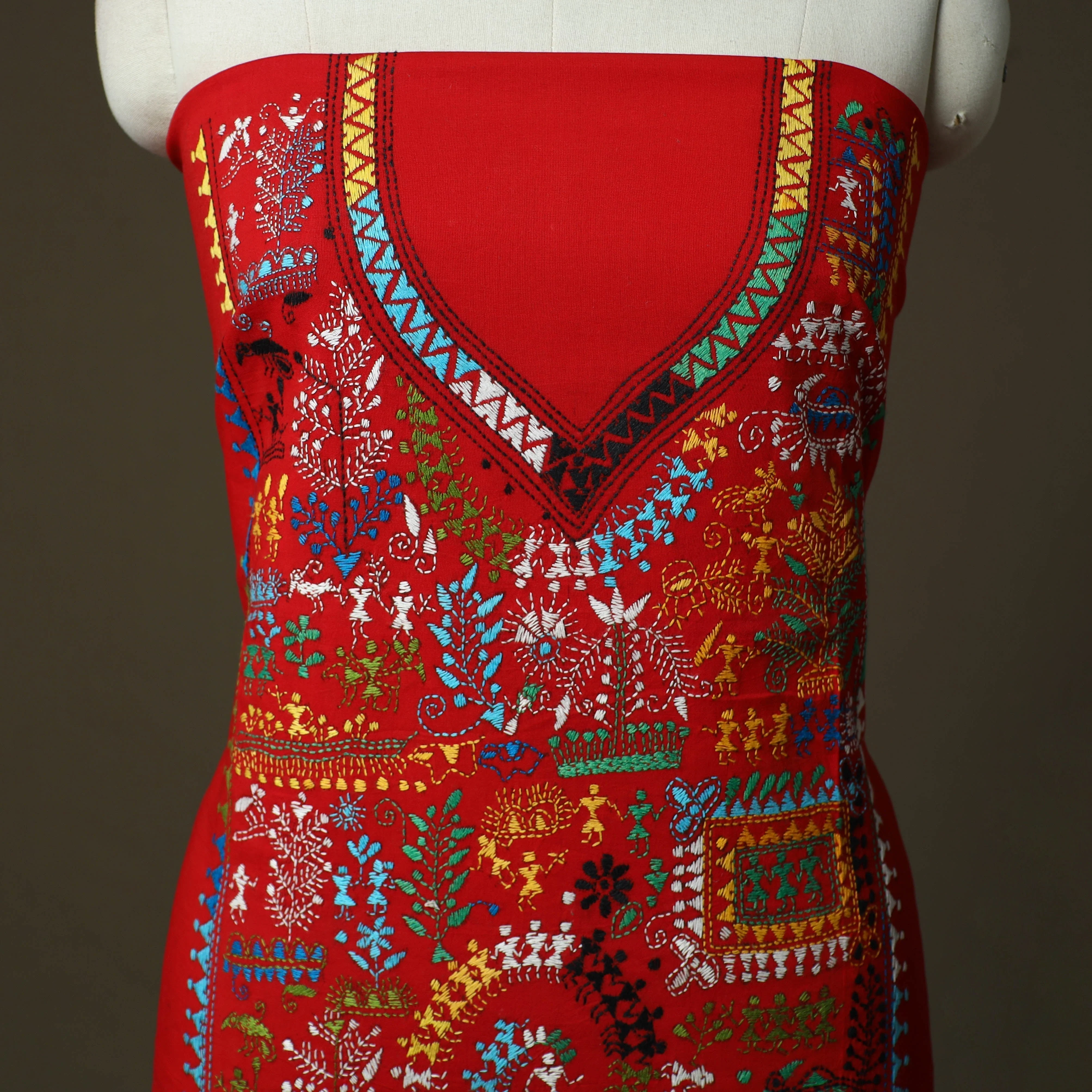 Red - Bengal Kantha Hand Embroidered Cotton Unstitched Kurta Material (2.8M) 25 - Image 3