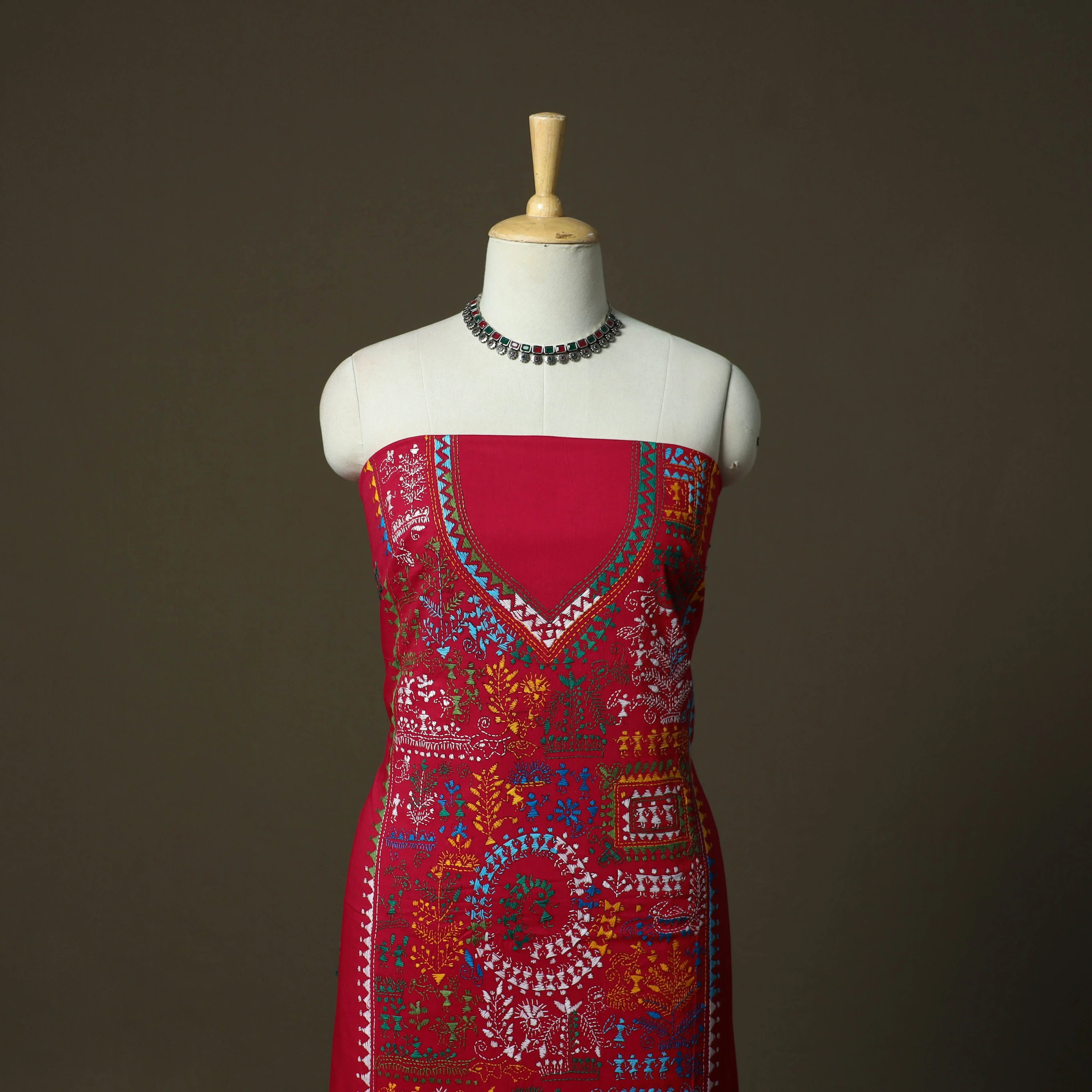 Red - Bengal Kantha Hand Embroidered Cotton Unstitched Kurta Material (2.8M) 28 - Image 2