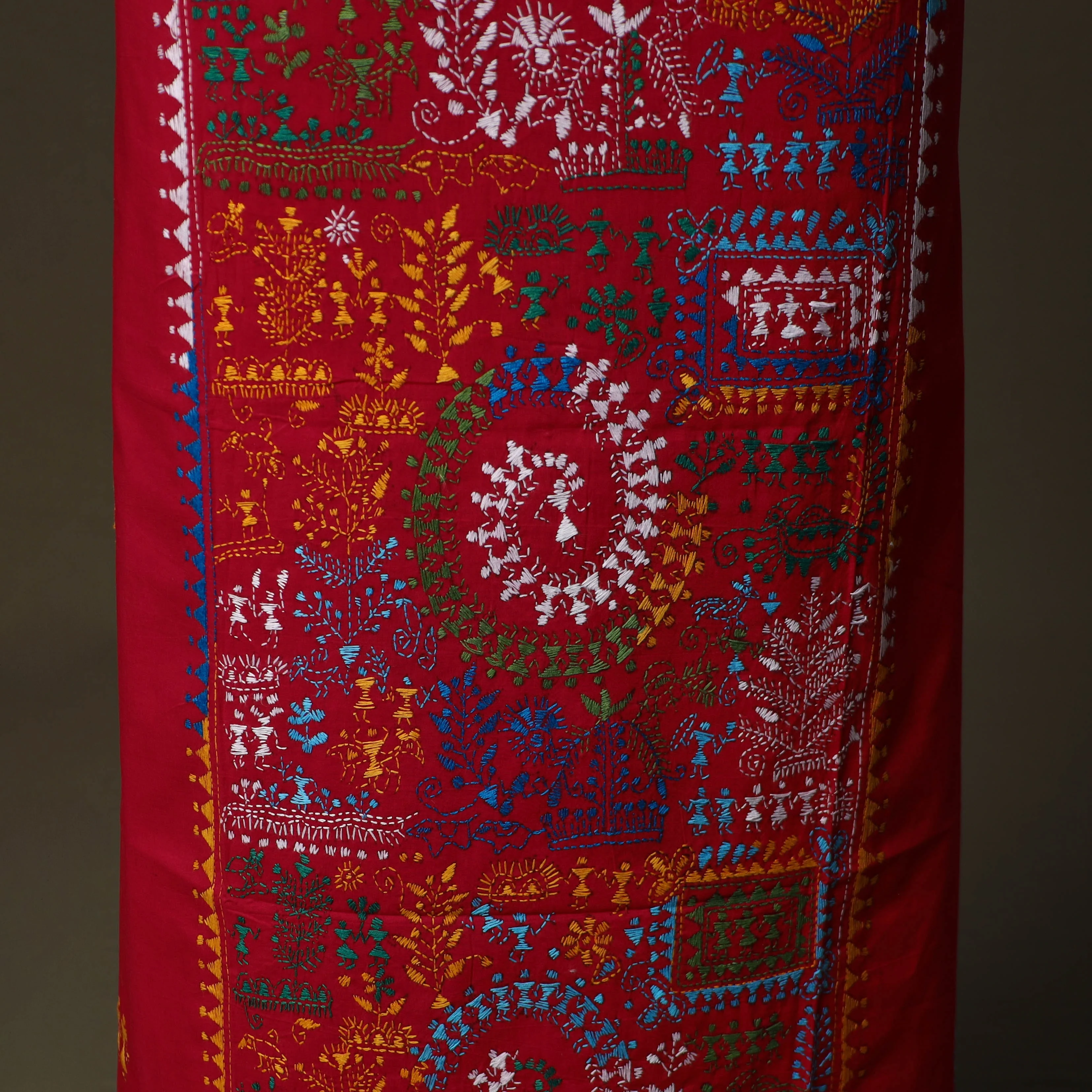 Red - Bengal Kantha Hand Embroidered Cotton Unstitched Kurta Material (2.8M) 28 - Image 4