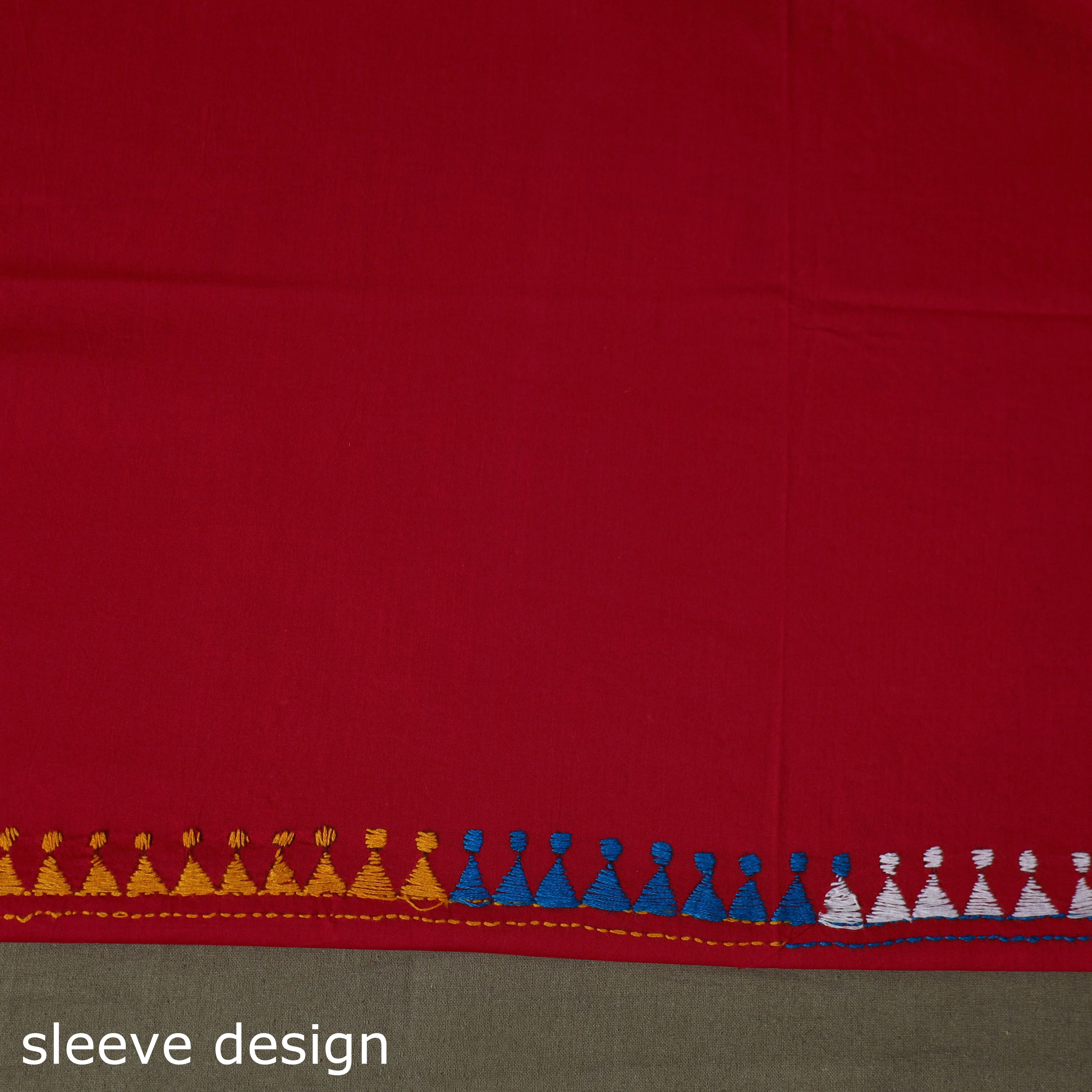 Red - Bengal Kantha Hand Embroidered Cotton Unstitched Kurta Material (2.8M) 28 - Image 5
