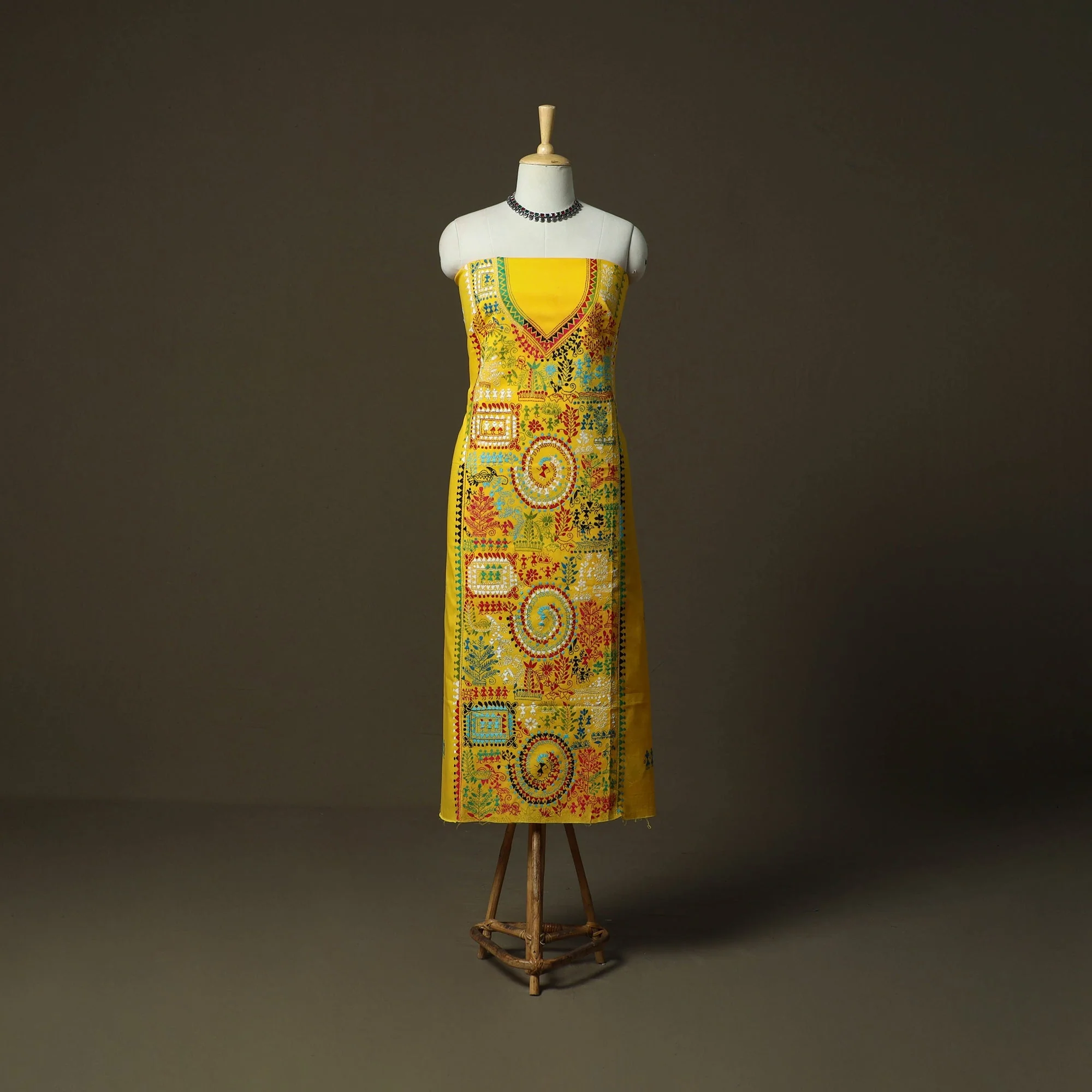 Yellow - Bengal Kantha Hand Embroidered Cotton Unstitched Kurta Material (2.8M) 31
