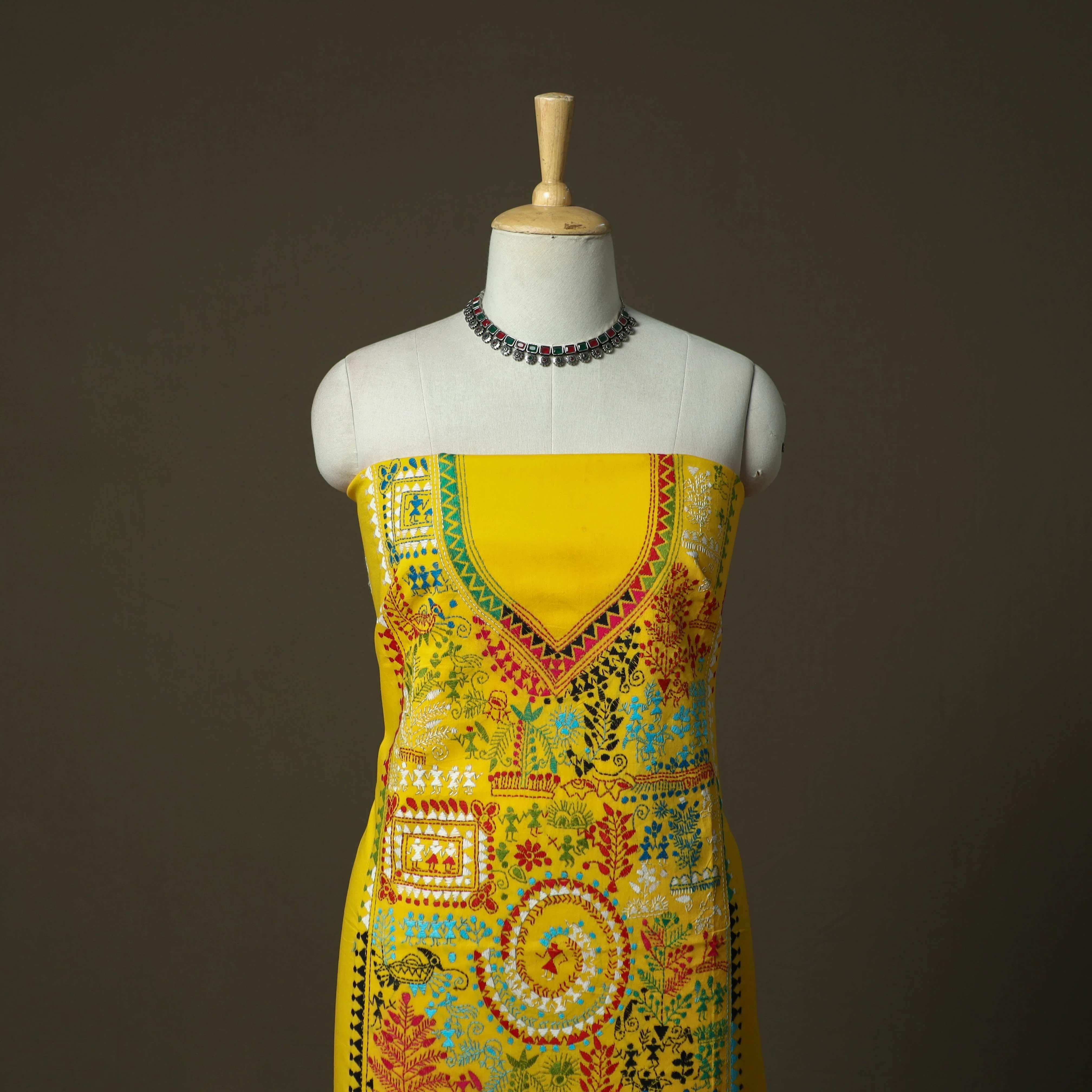 Yellow - Bengal Kantha Hand Embroidered Cotton Unstitched Kurta Material (2.8M) 31 - Image 2