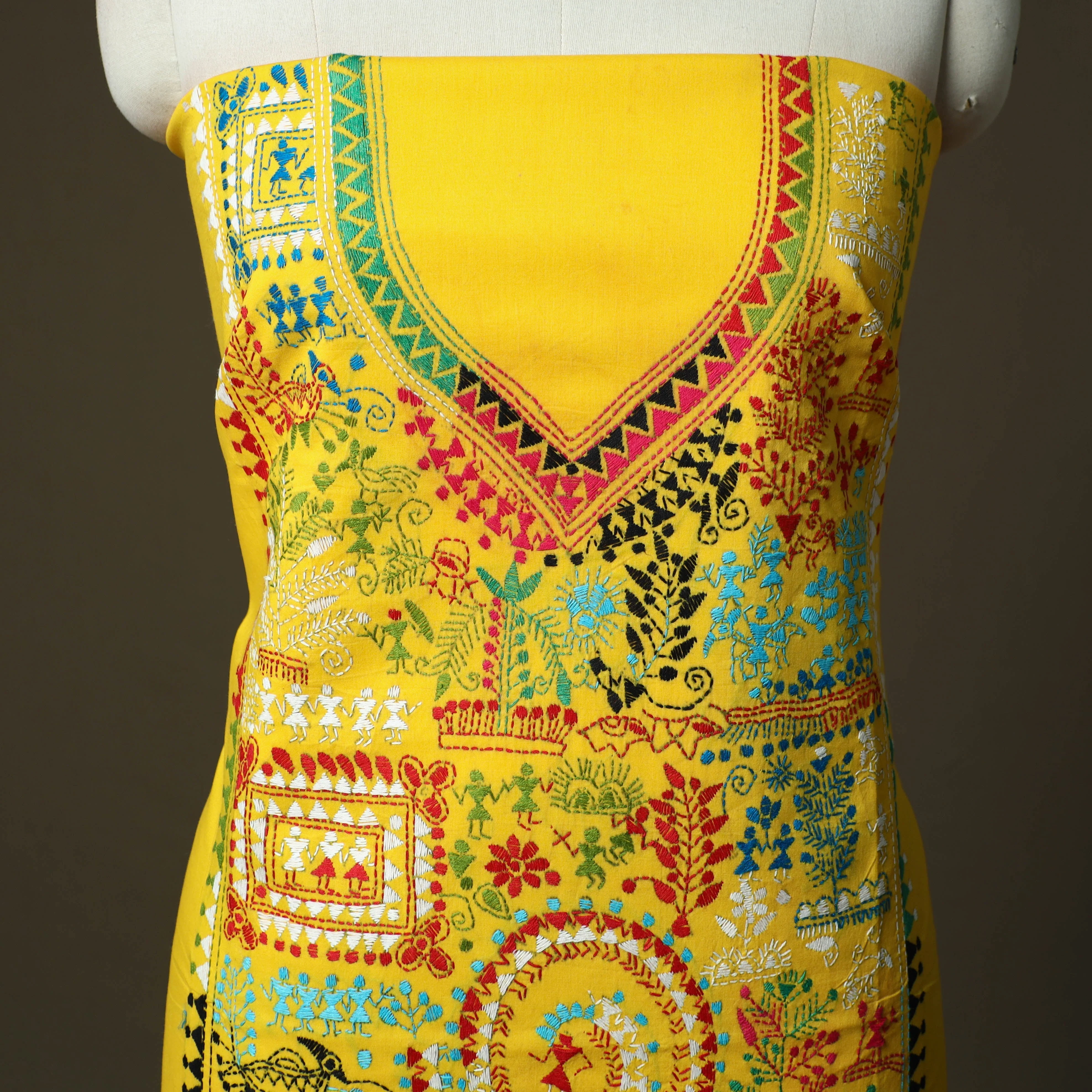 Yellow - Bengal Kantha Hand Embroidered Cotton Unstitched Kurta Material (2.8M) 31 - Image 3