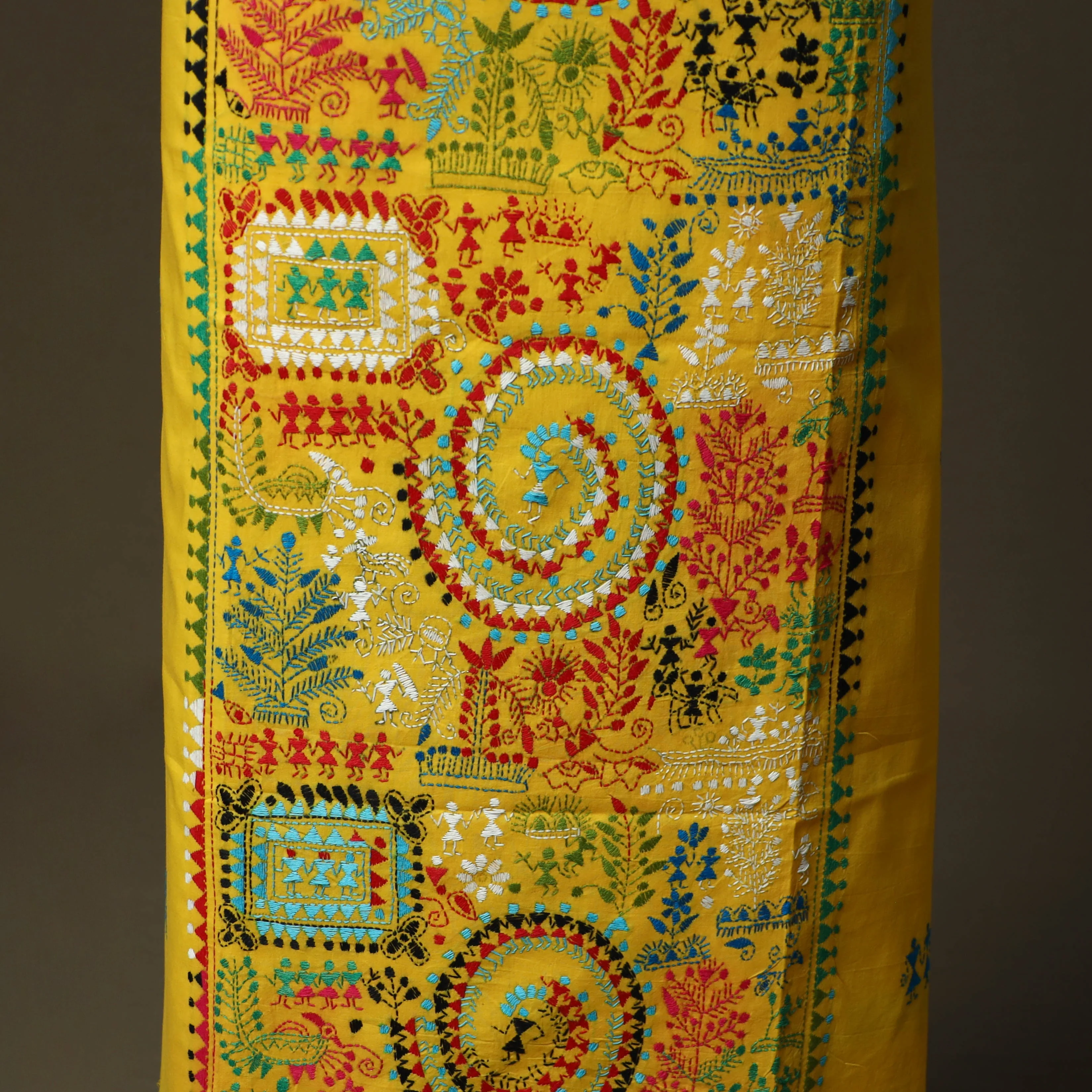 Yellow - Bengal Kantha Hand Embroidered Cotton Unstitched Kurta Material (2.8M) 31 - Image 4