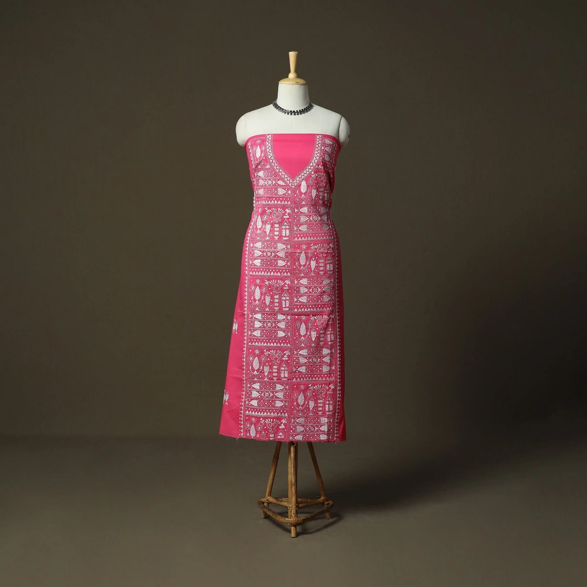 Pink - Bengal Kantha Hand Embroidered Cotton Unstitched Kurta Material (2.8M) 34