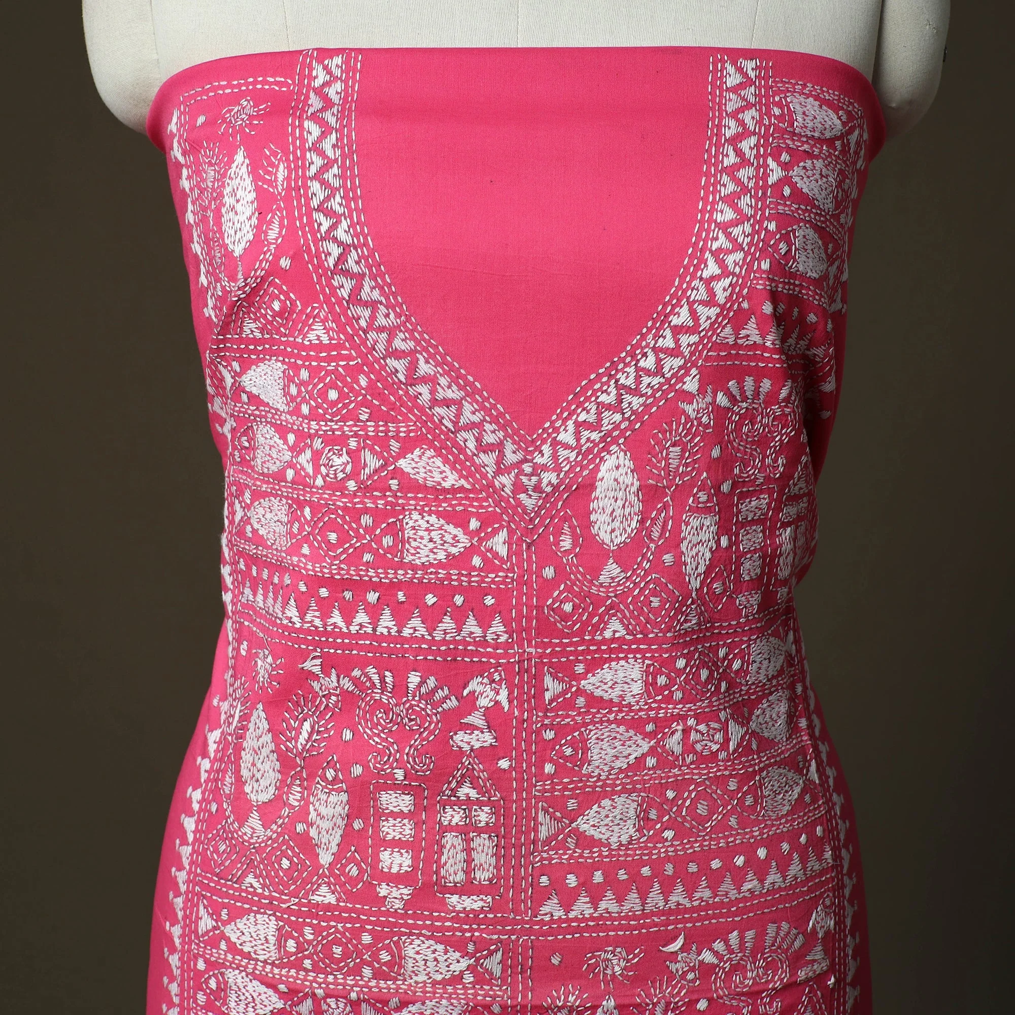 Pink - Bengal Kantha Hand Embroidered Cotton Unstitched Kurta Material (2.8M) 34 - Image 3