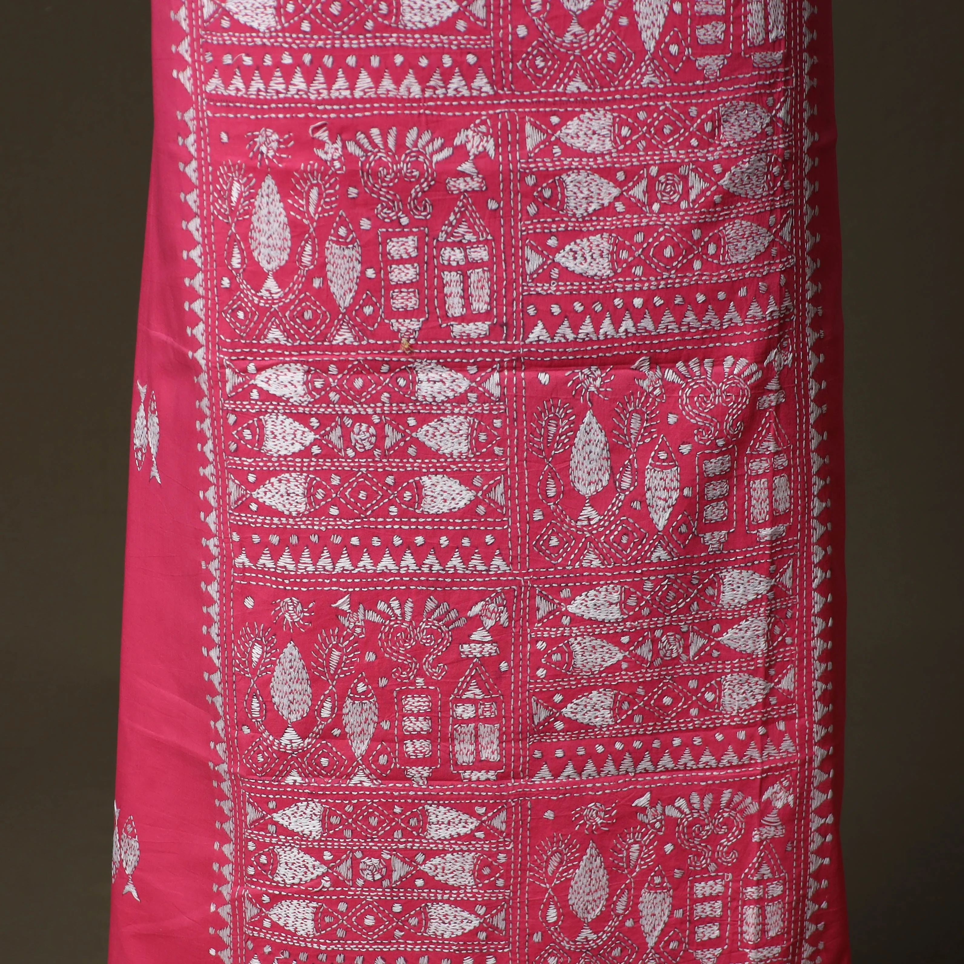 Pink - Bengal Kantha Hand Embroidered Cotton Unstitched Kurta Material (2.8M) 34 - Image 4