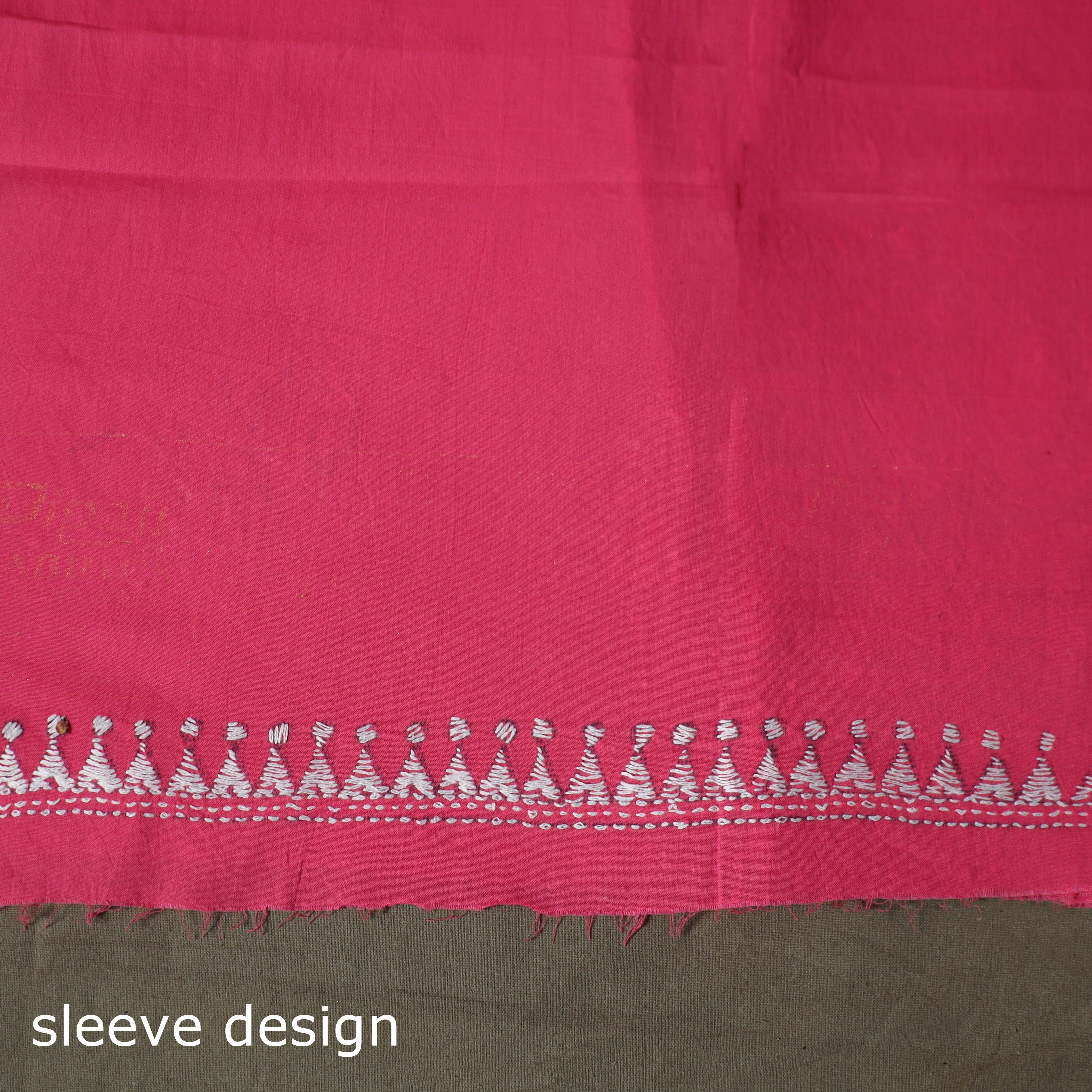 Pink - Bengal Kantha Hand Embroidered Cotton Unstitched Kurta Material (2.8M) 34 - Image 5