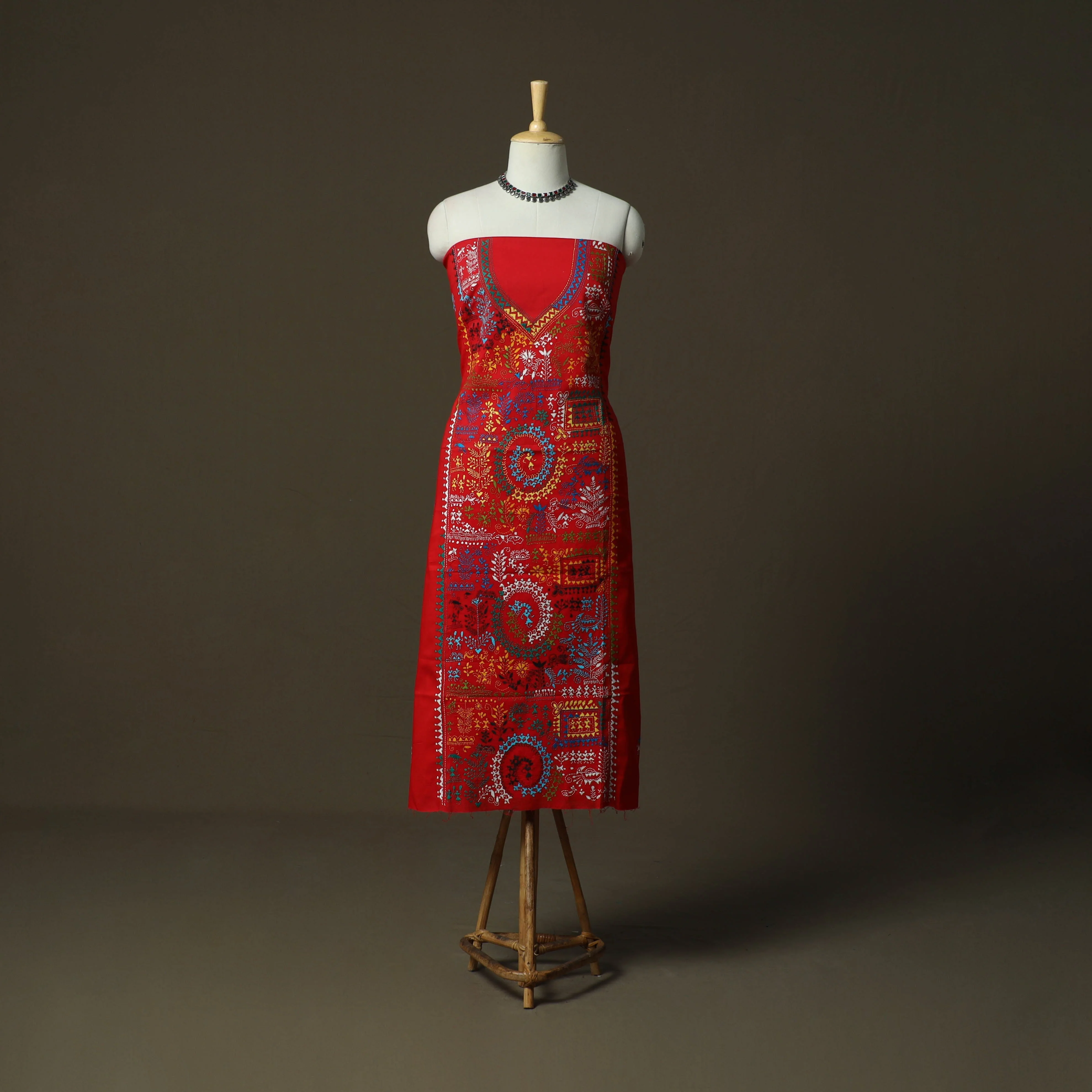Red - Bengal Kantha Hand Embroidered Cotton Unstitched Kurta Material (2.8M) 35
