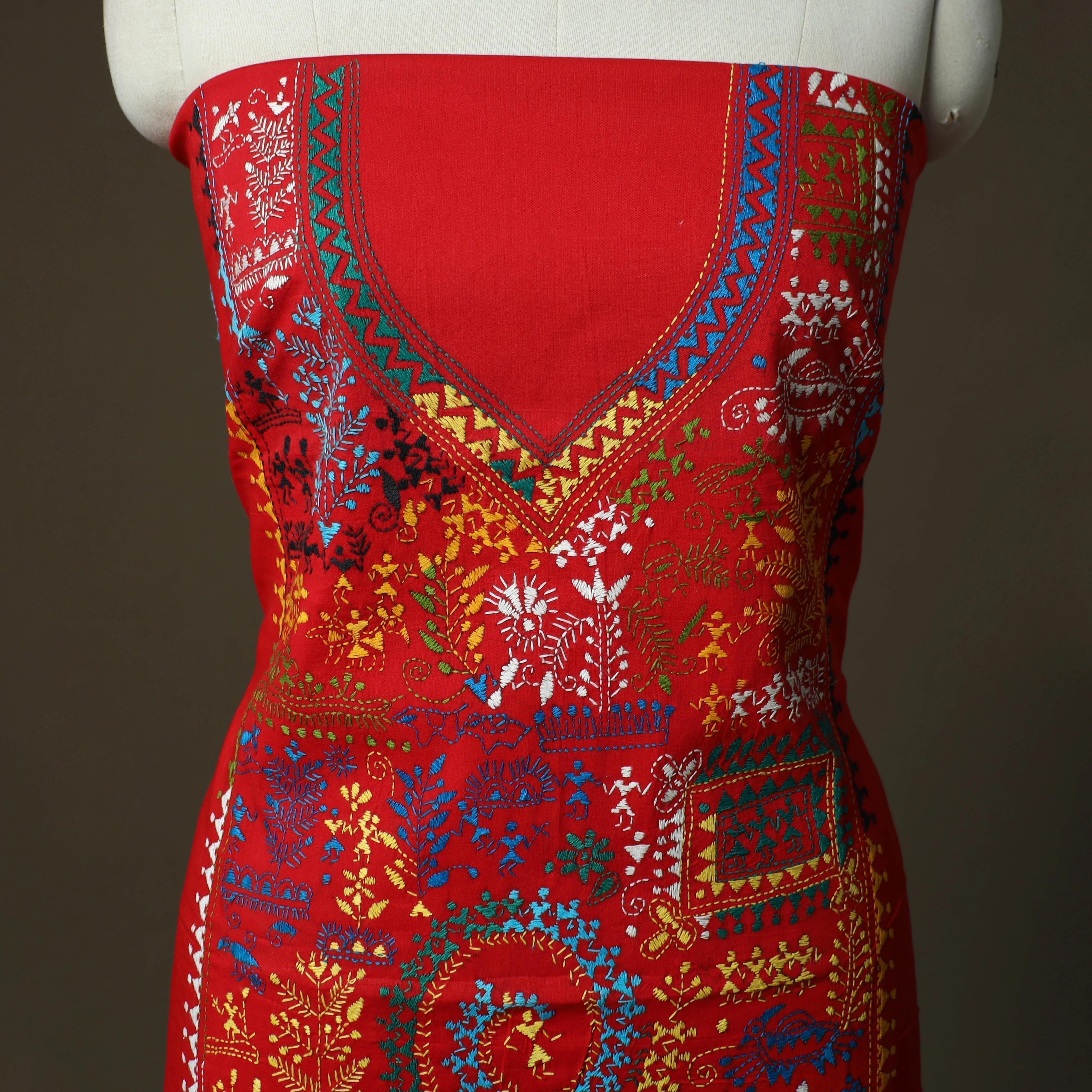 Red - Bengal Kantha Hand Embroidered Cotton Unstitched Kurta Material (2.8M) 35 - Image 3