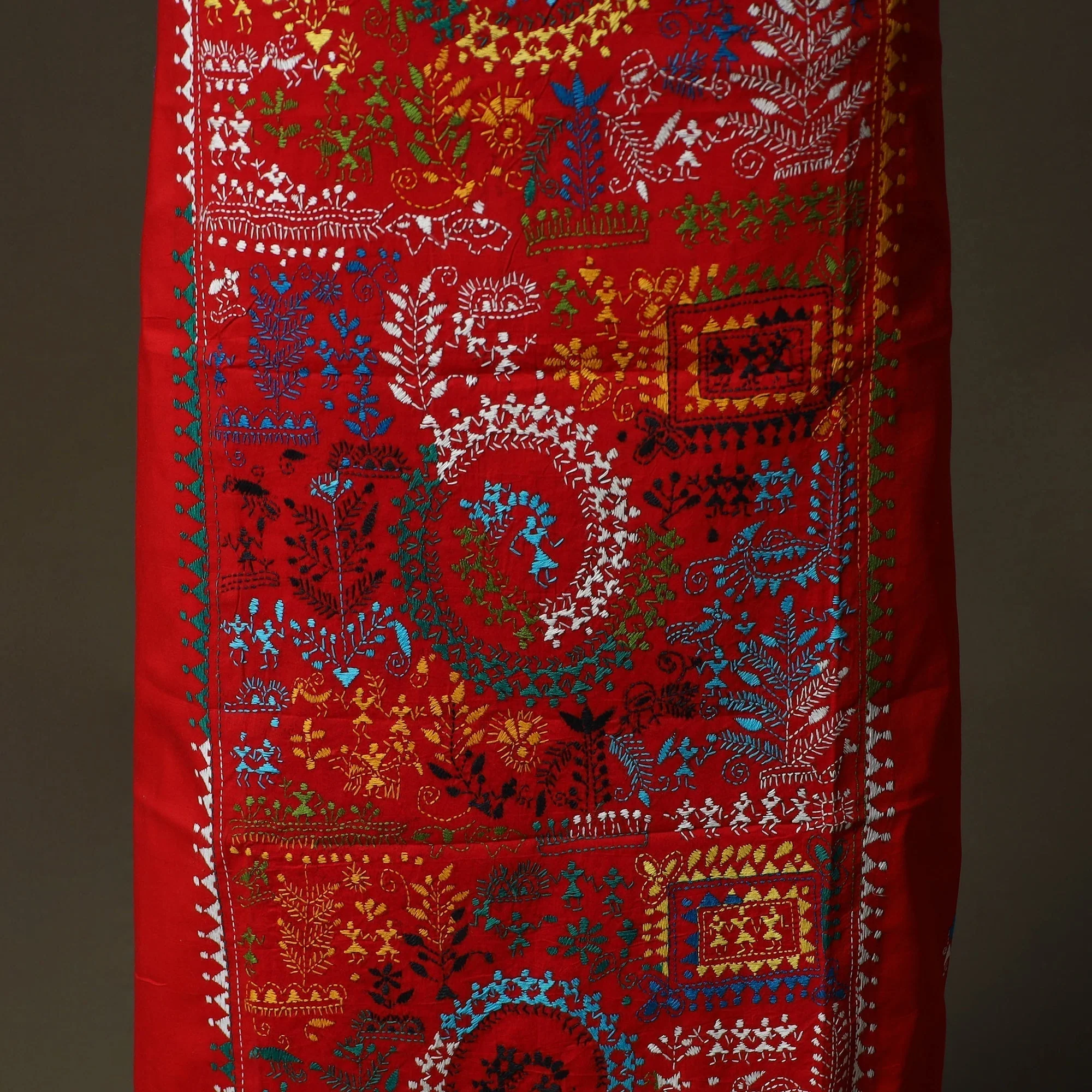 Red - Bengal Kantha Hand Embroidered Cotton Unstitched Kurta Material (2.8M) 35 - Image 4