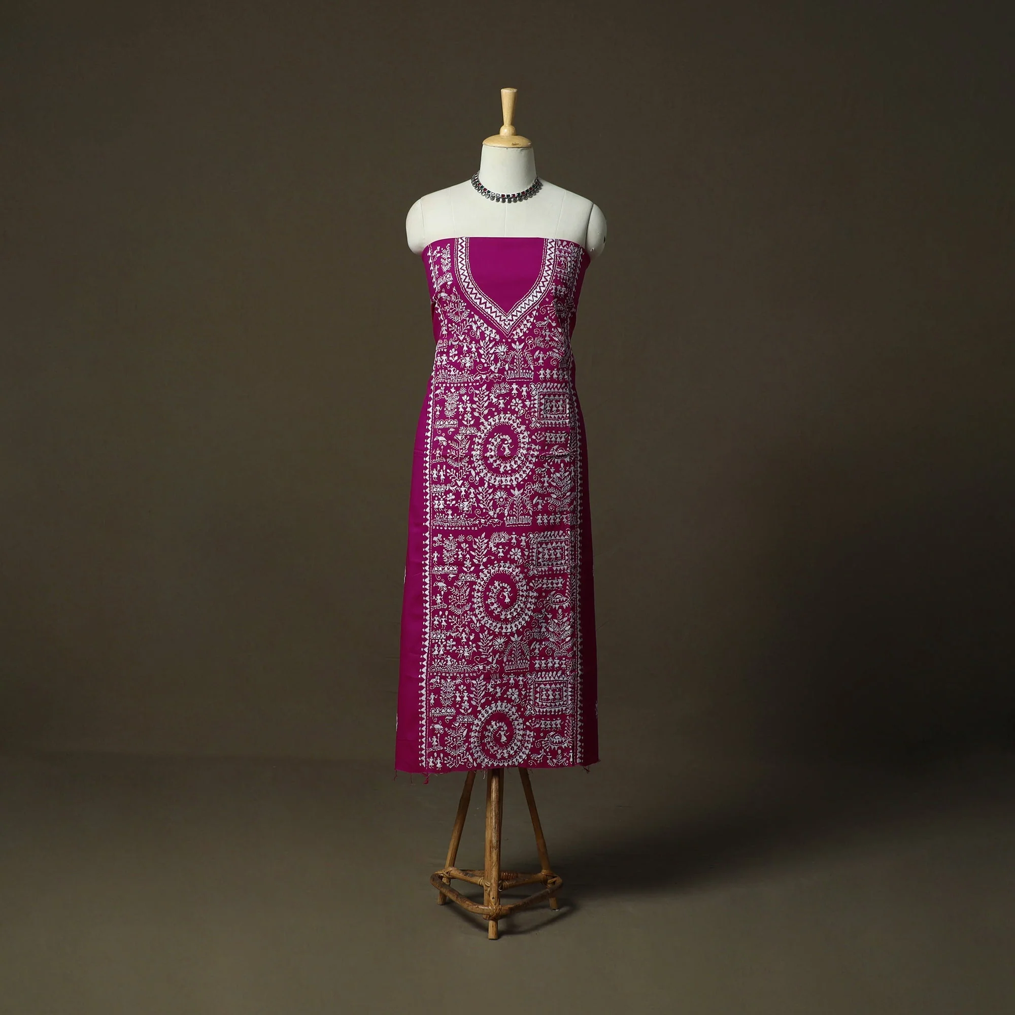 Purple - Bengal Kantha Hand Embroidered Cotton Unstitched Kurta Material (2.8M) 40