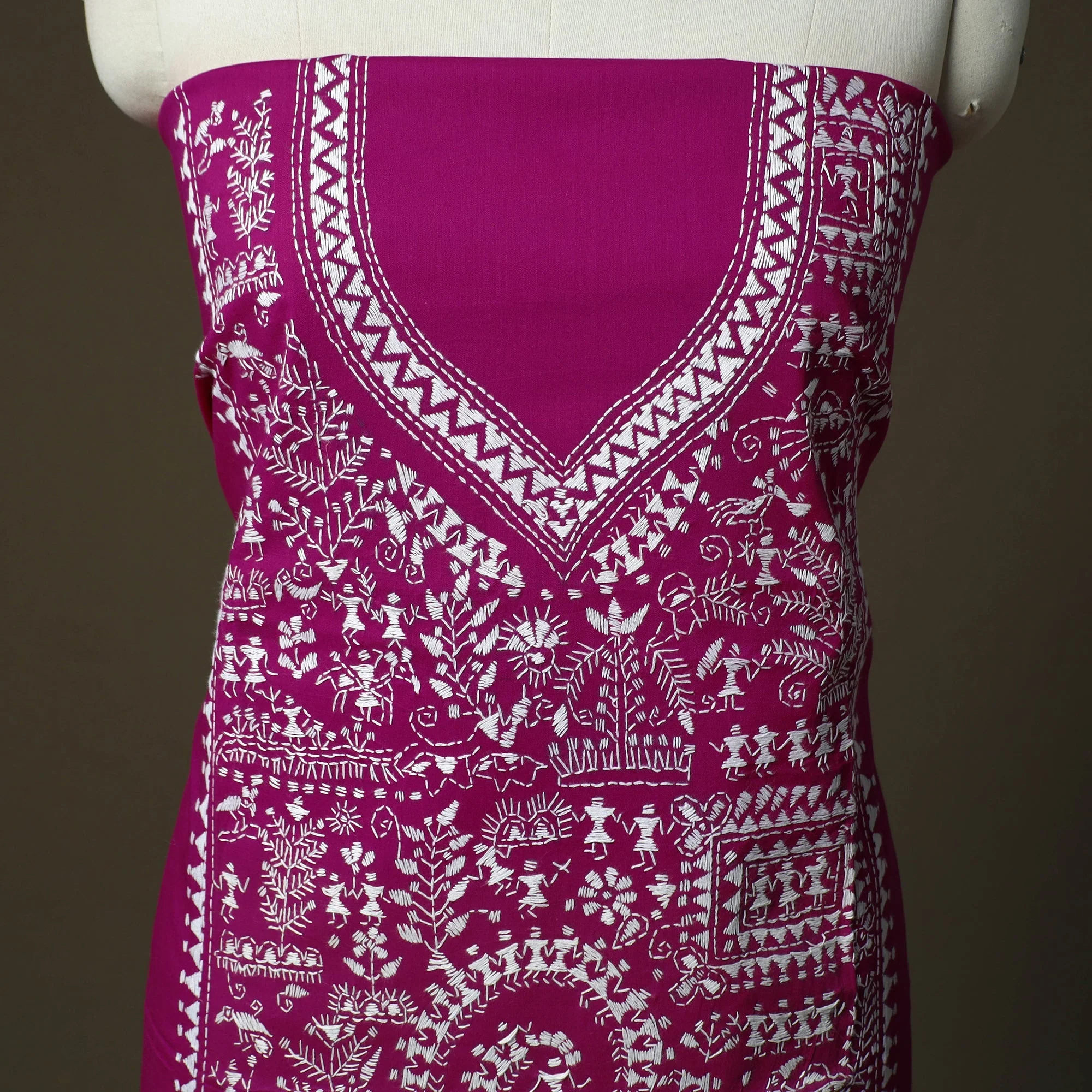 Purple - Bengal Kantha Hand Embroidered Cotton Unstitched Kurta Material (2.8M) 40 - Image 3