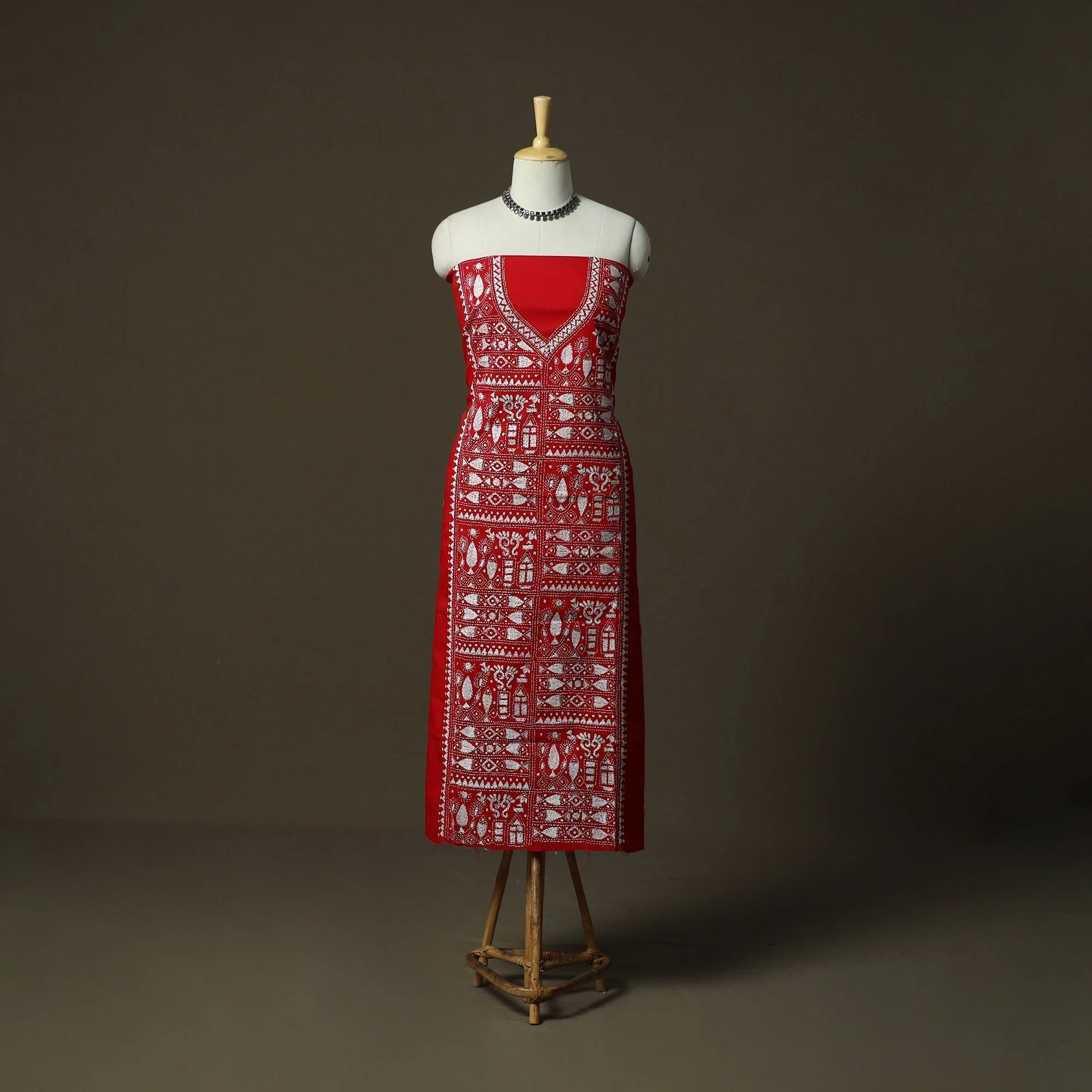 Red - Bengal Kantha Hand Embroidered Cotton Unstitched Kurta Material (2.8M) 41