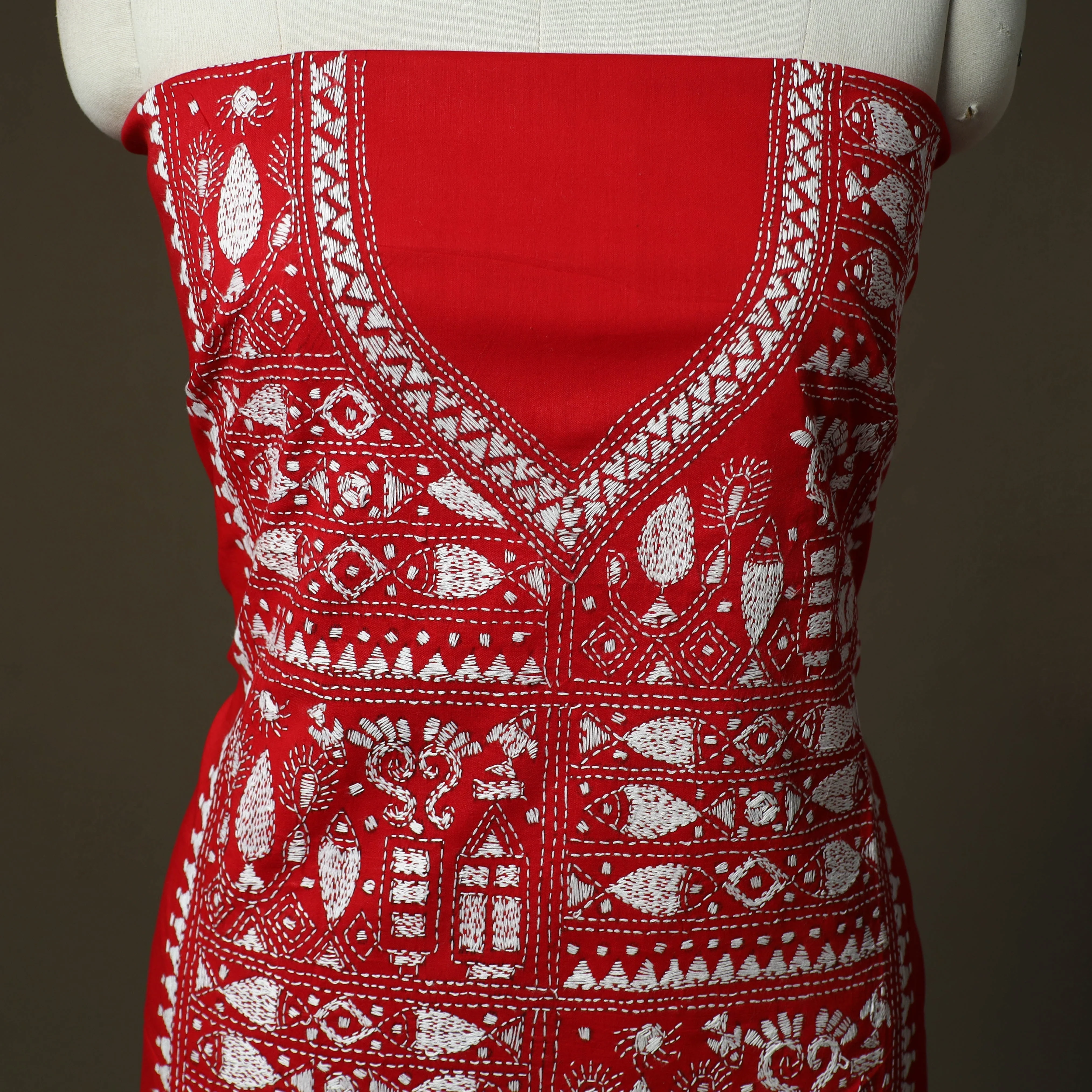 Red - Bengal Kantha Hand Embroidered Cotton Unstitched Kurta Material (2.8M) 41 - Image 3