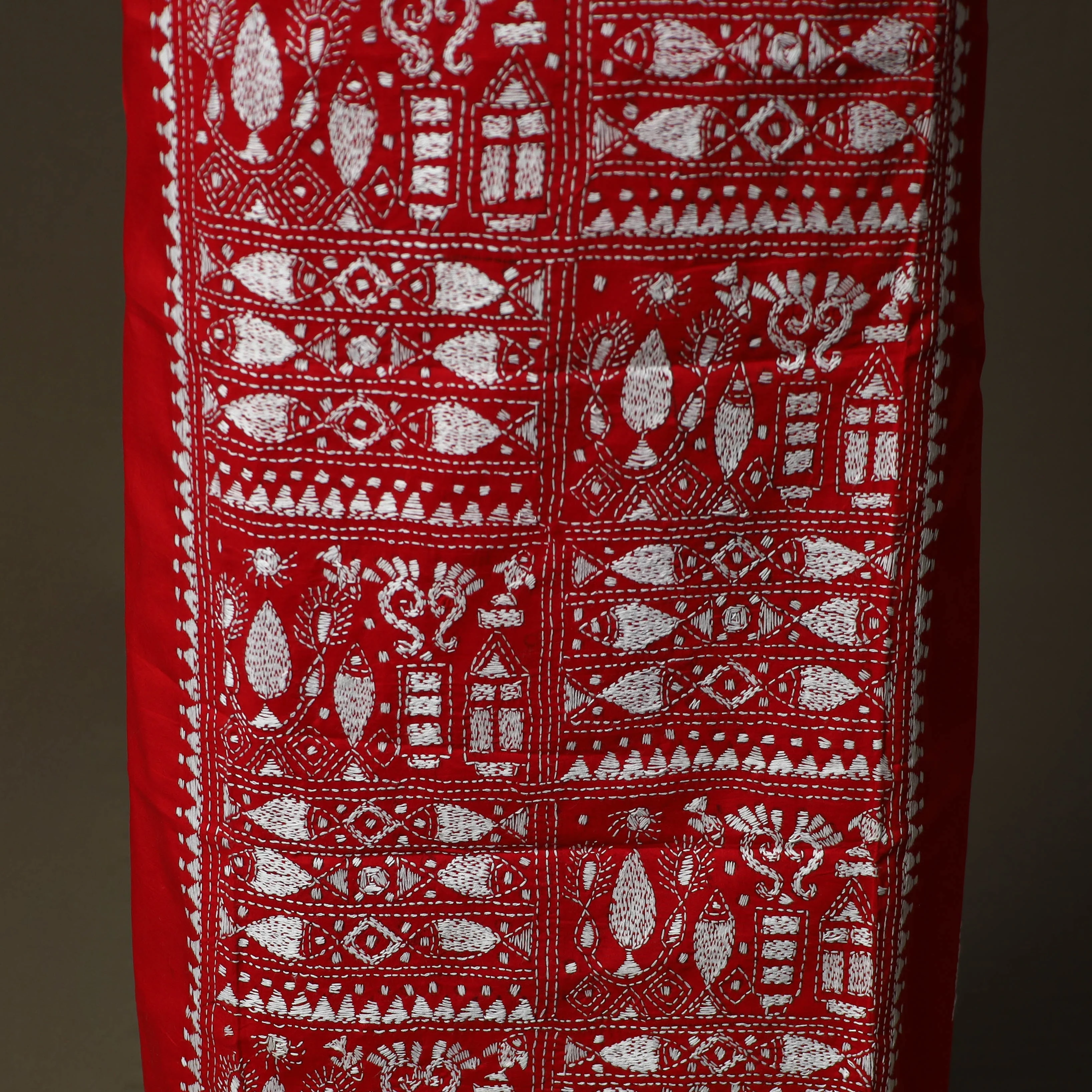 Red - Bengal Kantha Hand Embroidered Cotton Unstitched Kurta Material (2.8M) 41 - Image 4