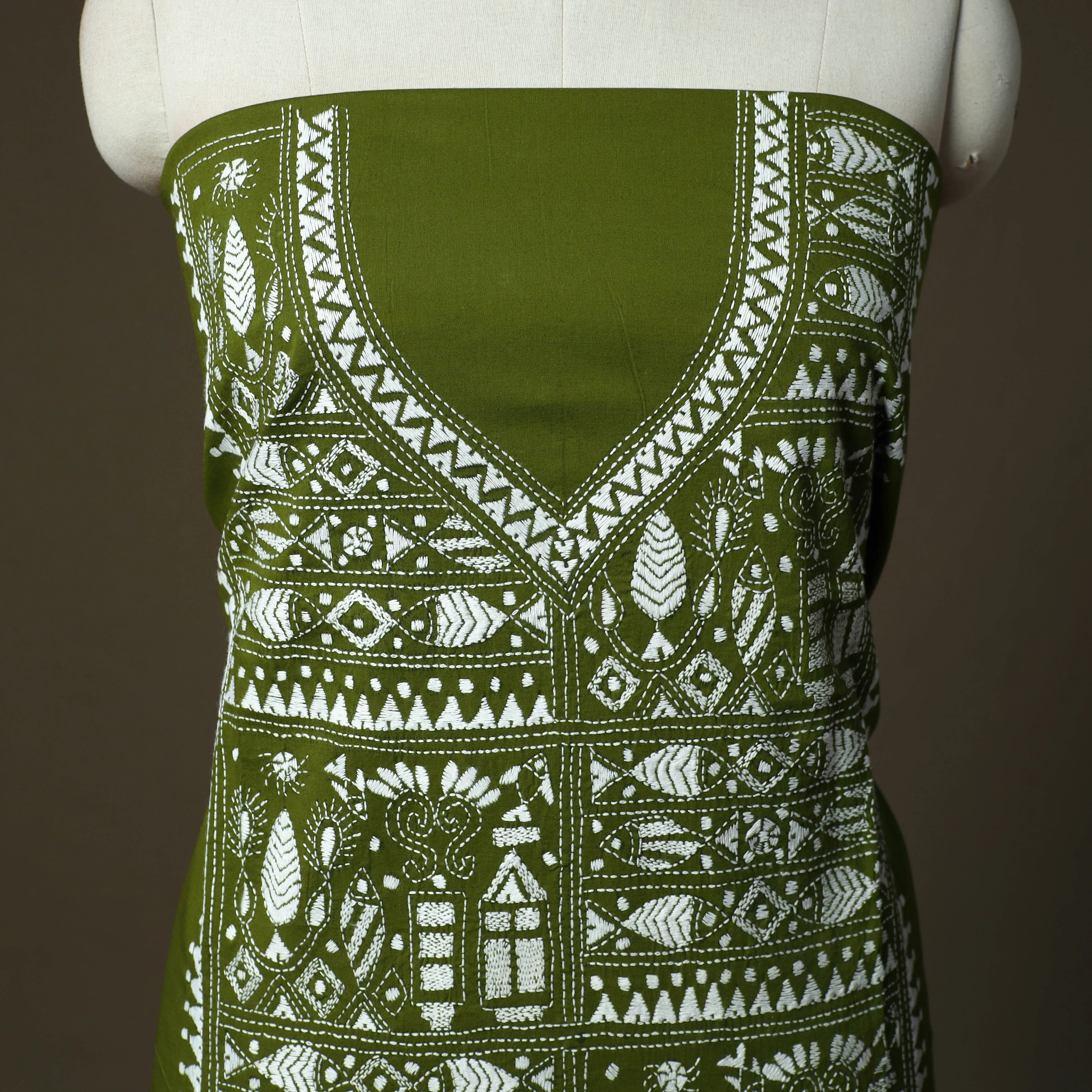 Green - Bengal Kantha Hand Embroidered Cotton Unstitched Kurta Material (2.8M) 42 - Image 3