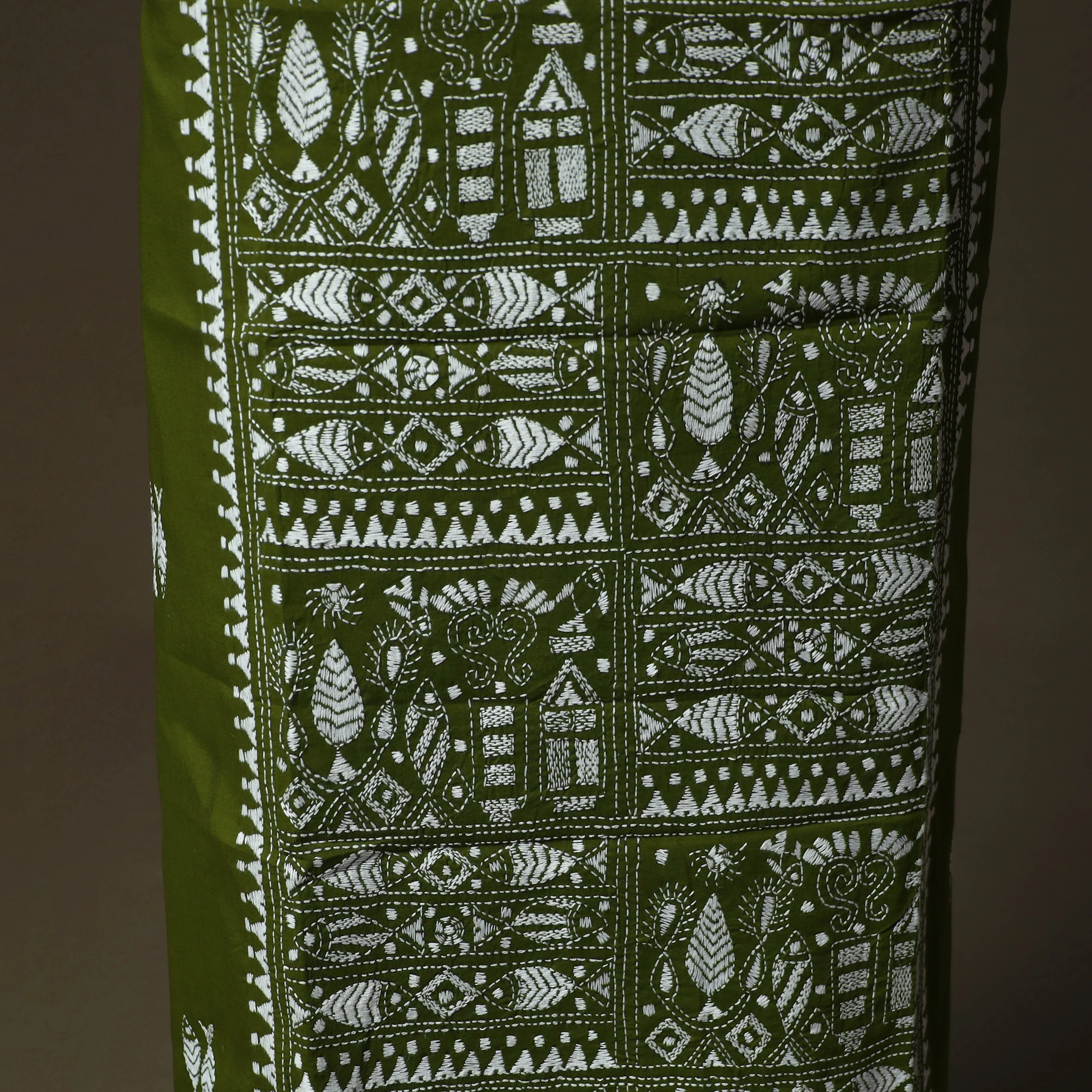 Green - Bengal Kantha Hand Embroidered Cotton Unstitched Kurta Material (2.8M) 42 - Image 4