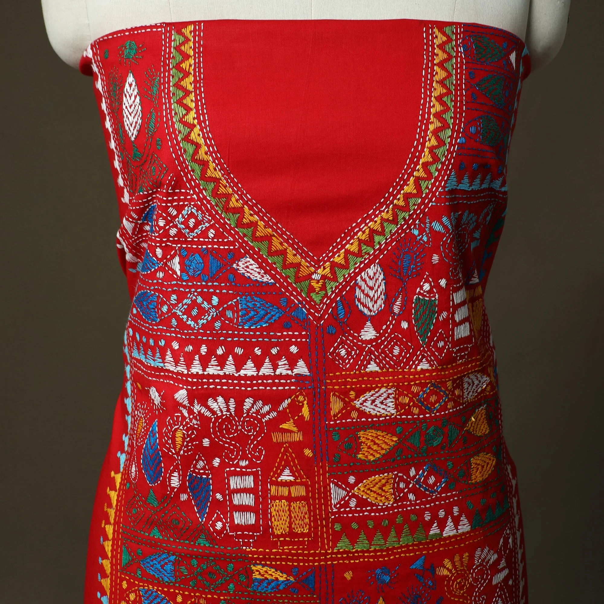 Red - Bengal Kantha Hand Embroidered Cotton Unstitched Kurta Material (2.8M) 44 - Image 3