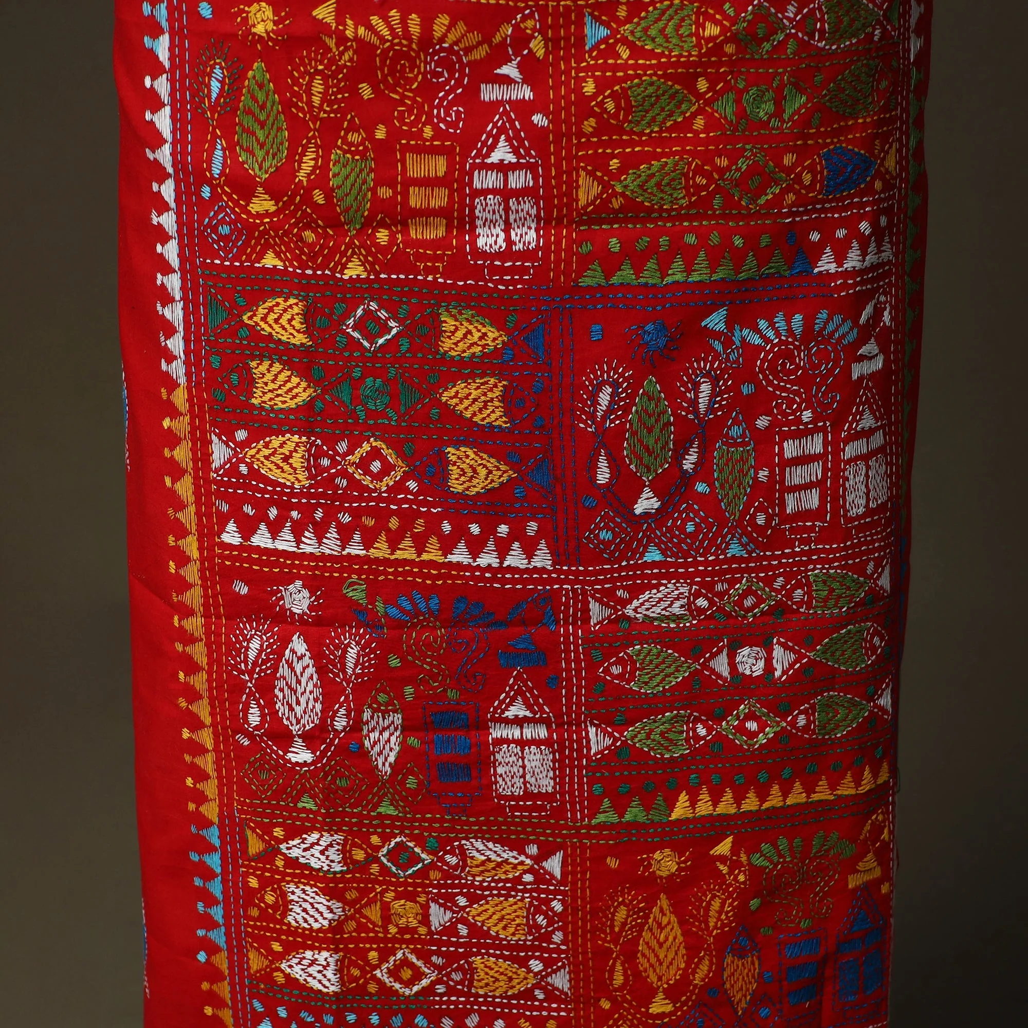 Red - Bengal Kantha Hand Embroidered Cotton Unstitched Kurta Material (2.8M) 44 - Image 4