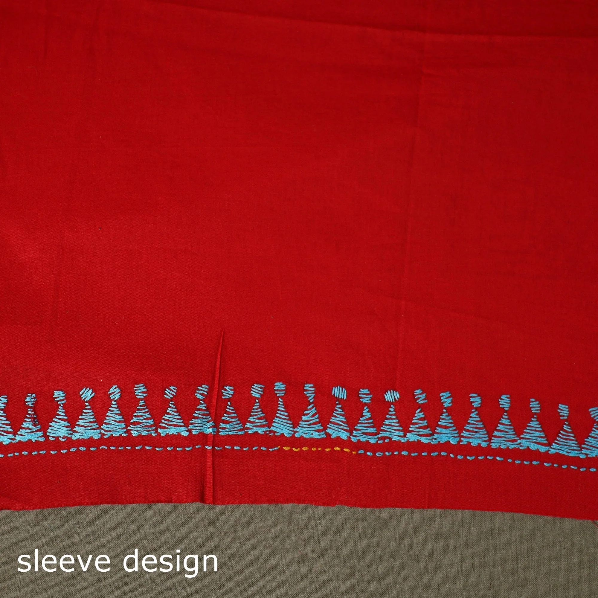 Red - Bengal Kantha Hand Embroidered Cotton Unstitched Kurta Material (2.8M) 44 - Image 5