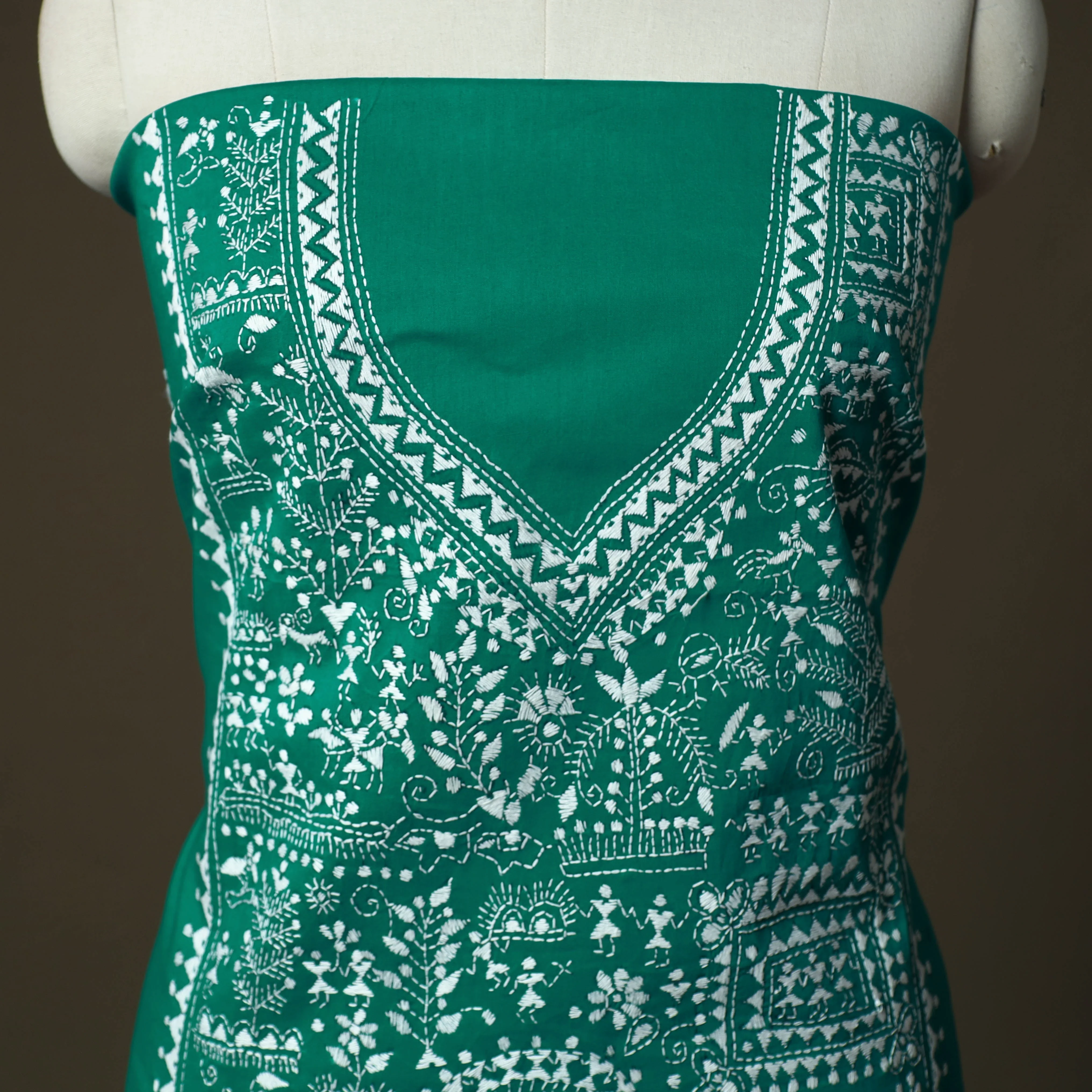 Green - Bengal Kantha Hand Embroidered Cotton Unstitched Kurta Material (2.8M) 46 - Image 3