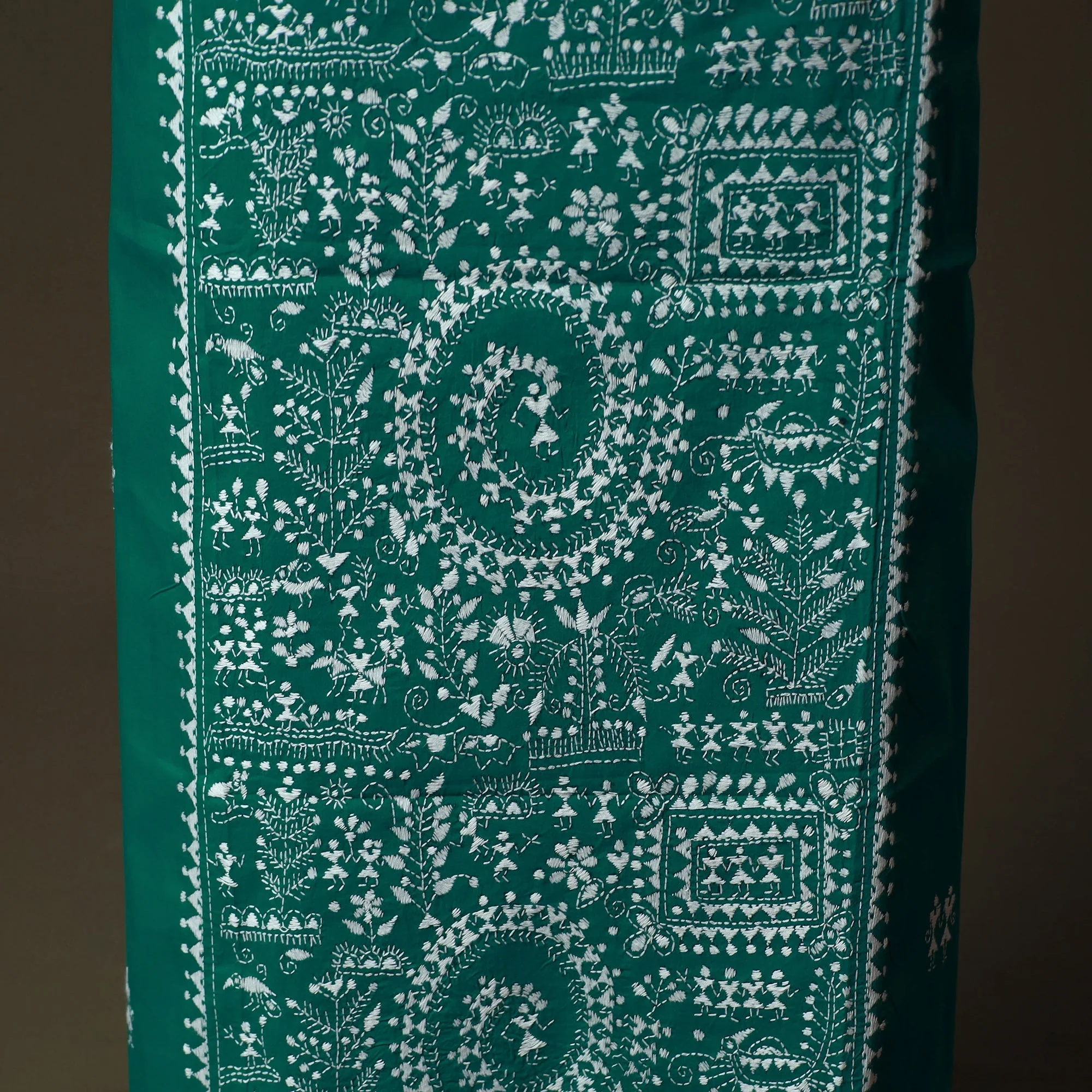 Green - Bengal Kantha Hand Embroidered Cotton Unstitched Kurta Material (2.8M) 46 - Image 4