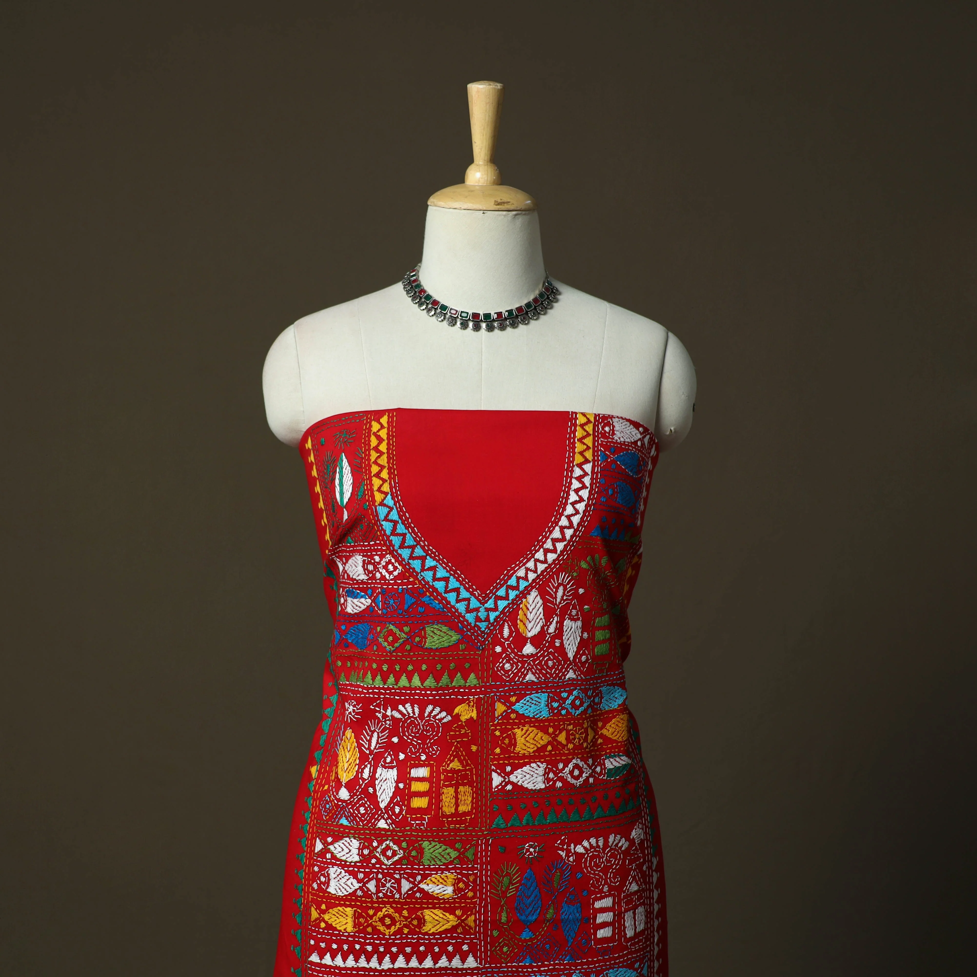 Red - Bengal Kantha Hand Embroidered Cotton Unstitched Kurta Material (2.8M) 47 - Image 2