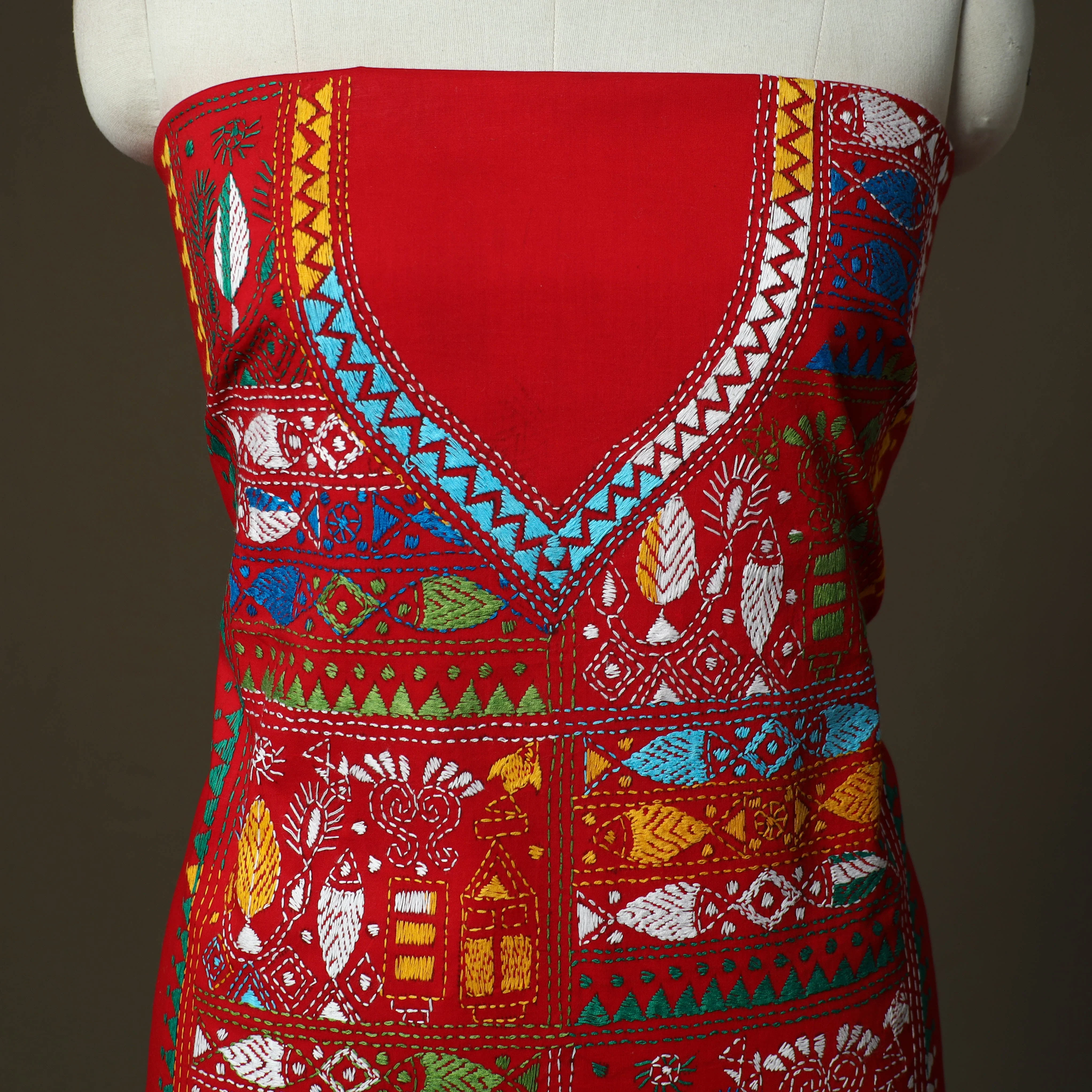 Red - Bengal Kantha Hand Embroidered Cotton Unstitched Kurta Material (2.8M) 47 - Image 3