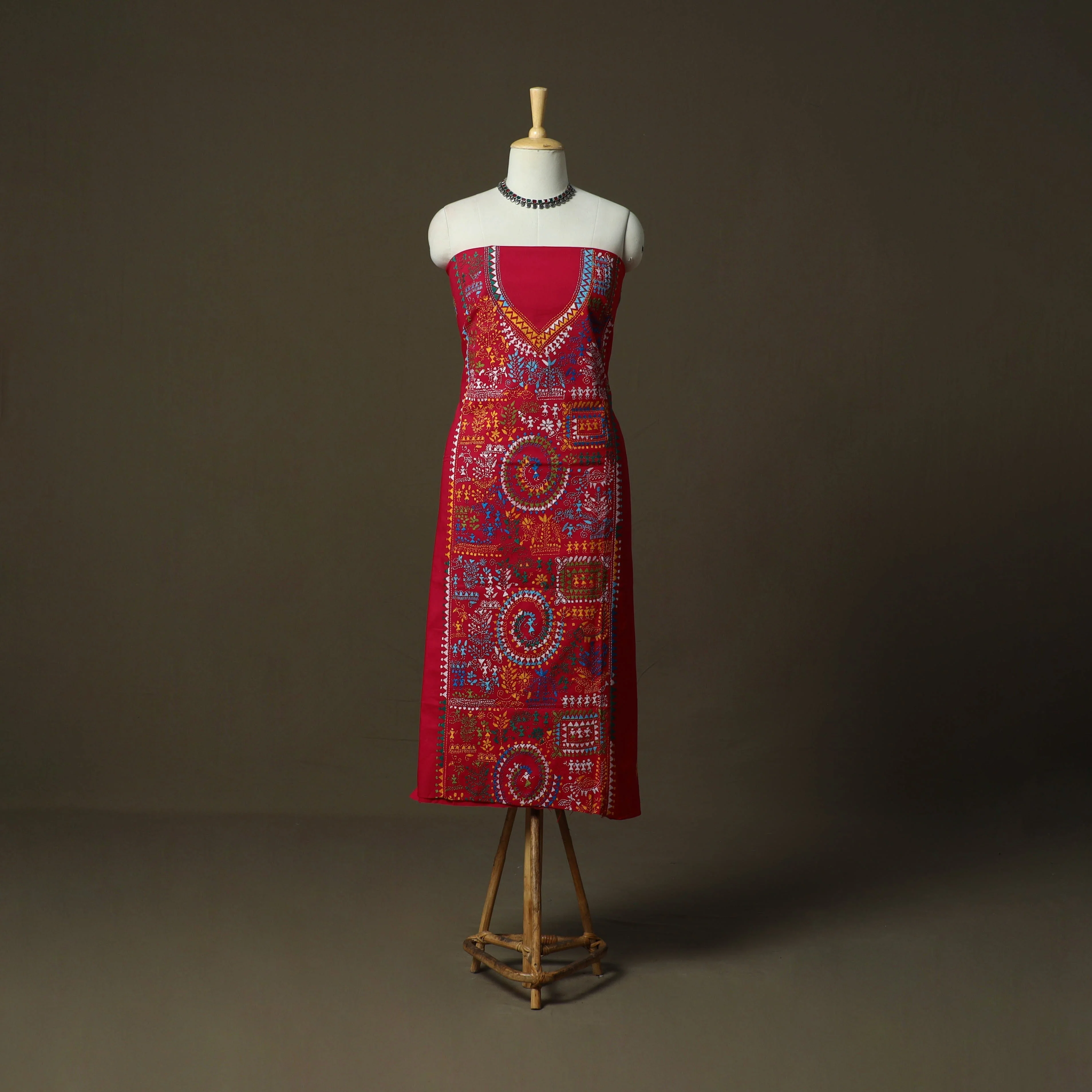 Red - Bengal Kantha Hand Embroidered Cotton Unstitched Kurta Material (2.8M) 48