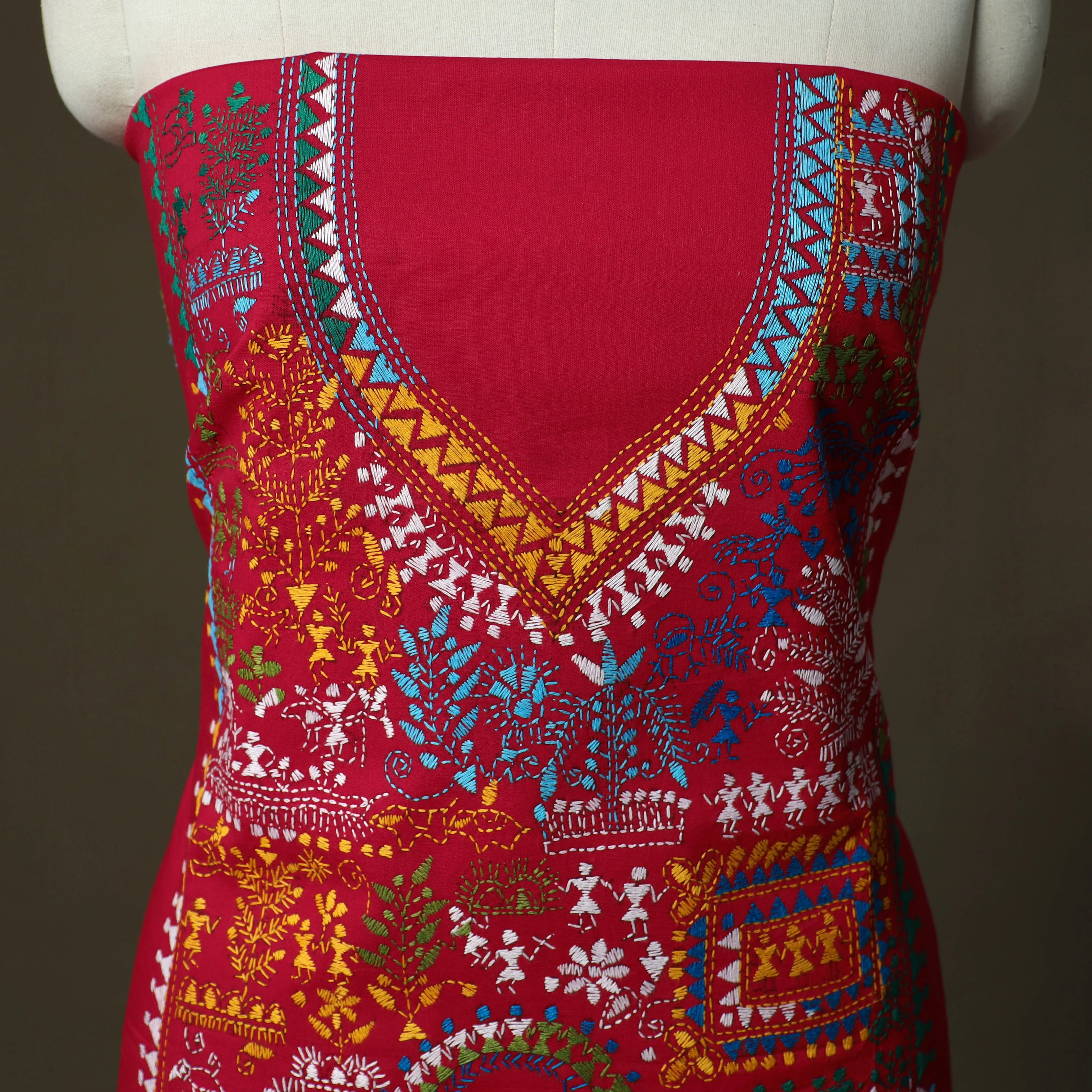 Red - Bengal Kantha Hand Embroidered Cotton Unstitched Kurta Material (2.8M) 48 - Image 3