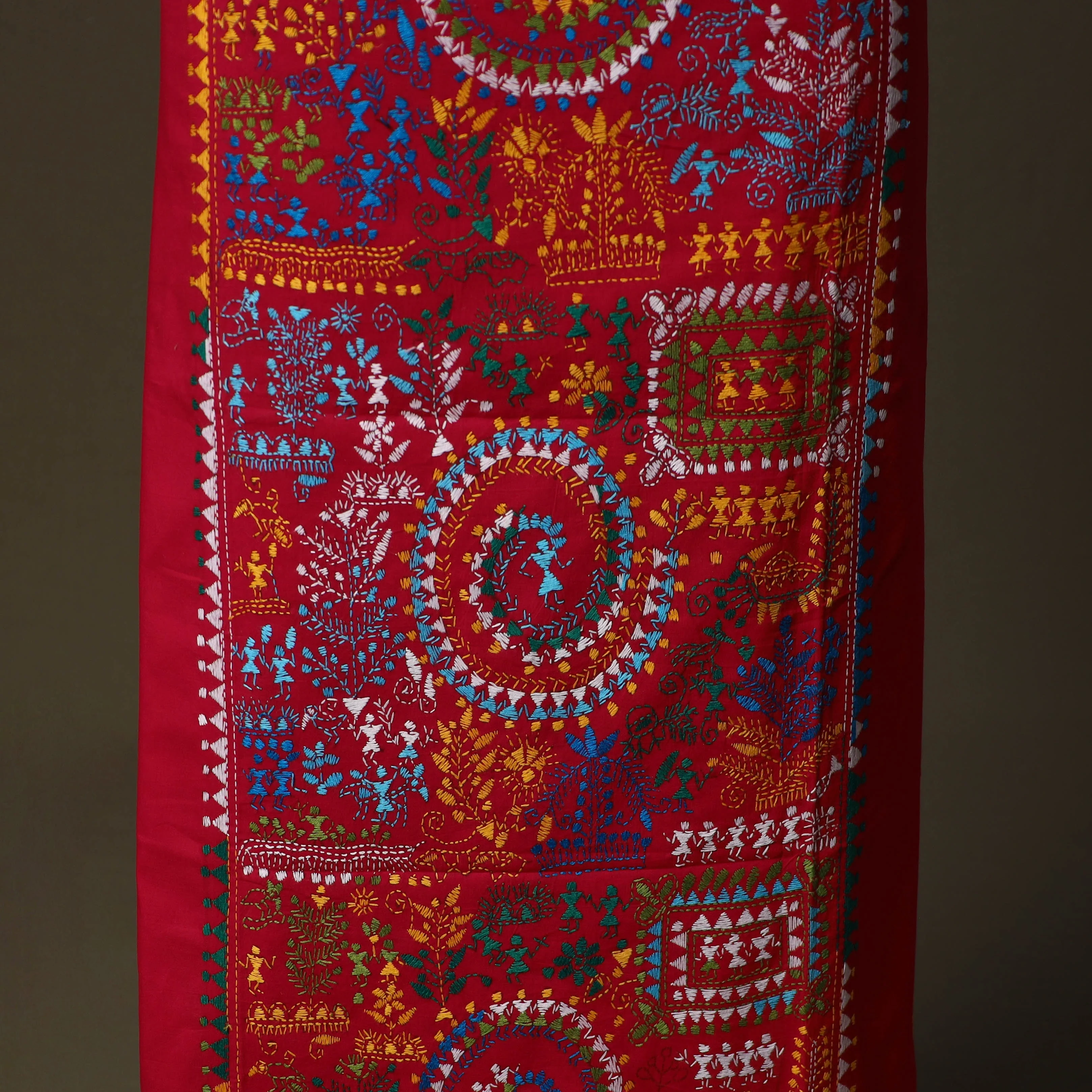 Red - Bengal Kantha Hand Embroidered Cotton Unstitched Kurta Material (2.8M) 48 - Image 4