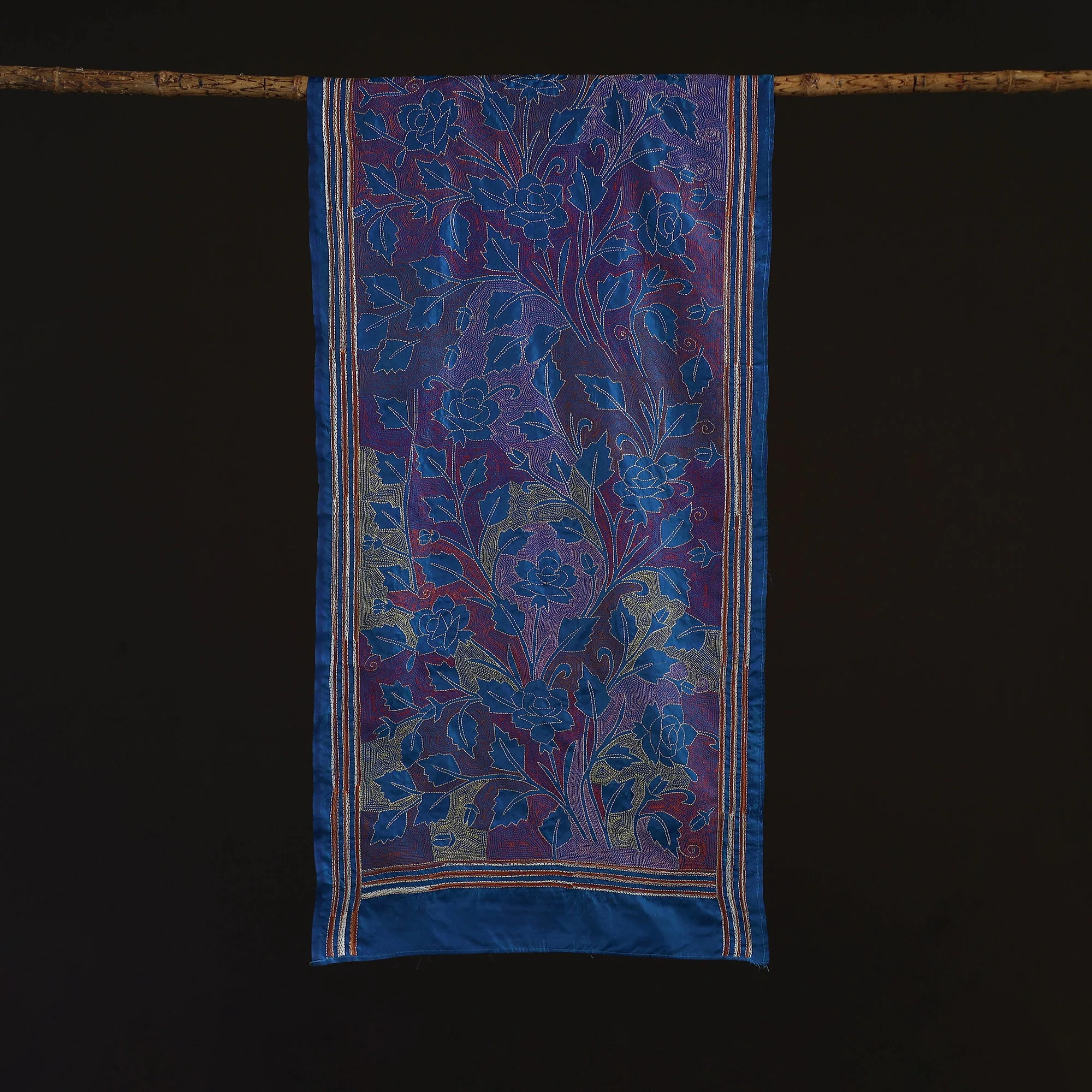 Blue - Bengal Kantha Hand Embroidered Handloom Bangalore Silk Stole 20 - Image 3