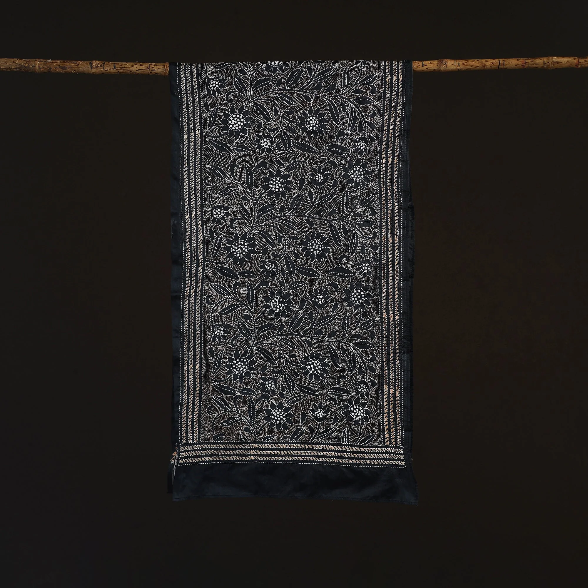 Beige - Black - Bengal Kantha Hand Embroidered Handloom Bangalore Silk Stole 29 - Image 3