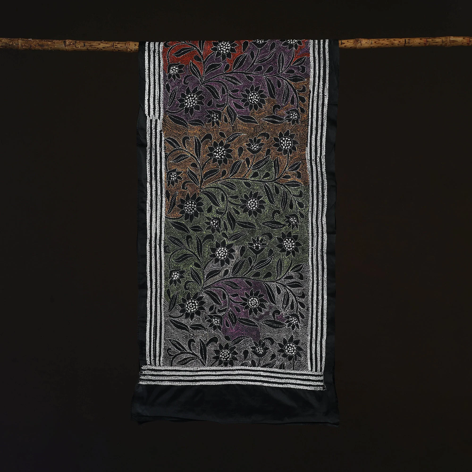 Black - Bengal Kantha Hand Embroidered Handloom Bangalore Silk Stole 30 - Image 3