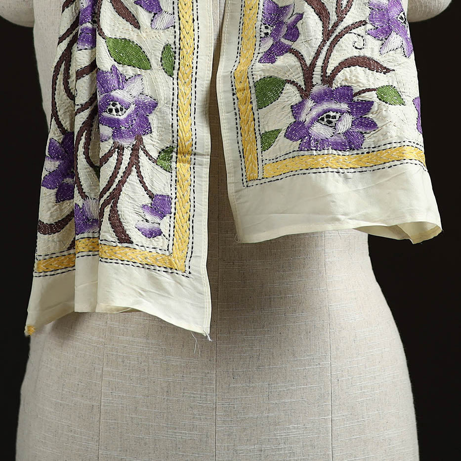 Purple - Bengal Kantha Hand Embroidered Handloom Tussar Silk Stole 46 - Image 2