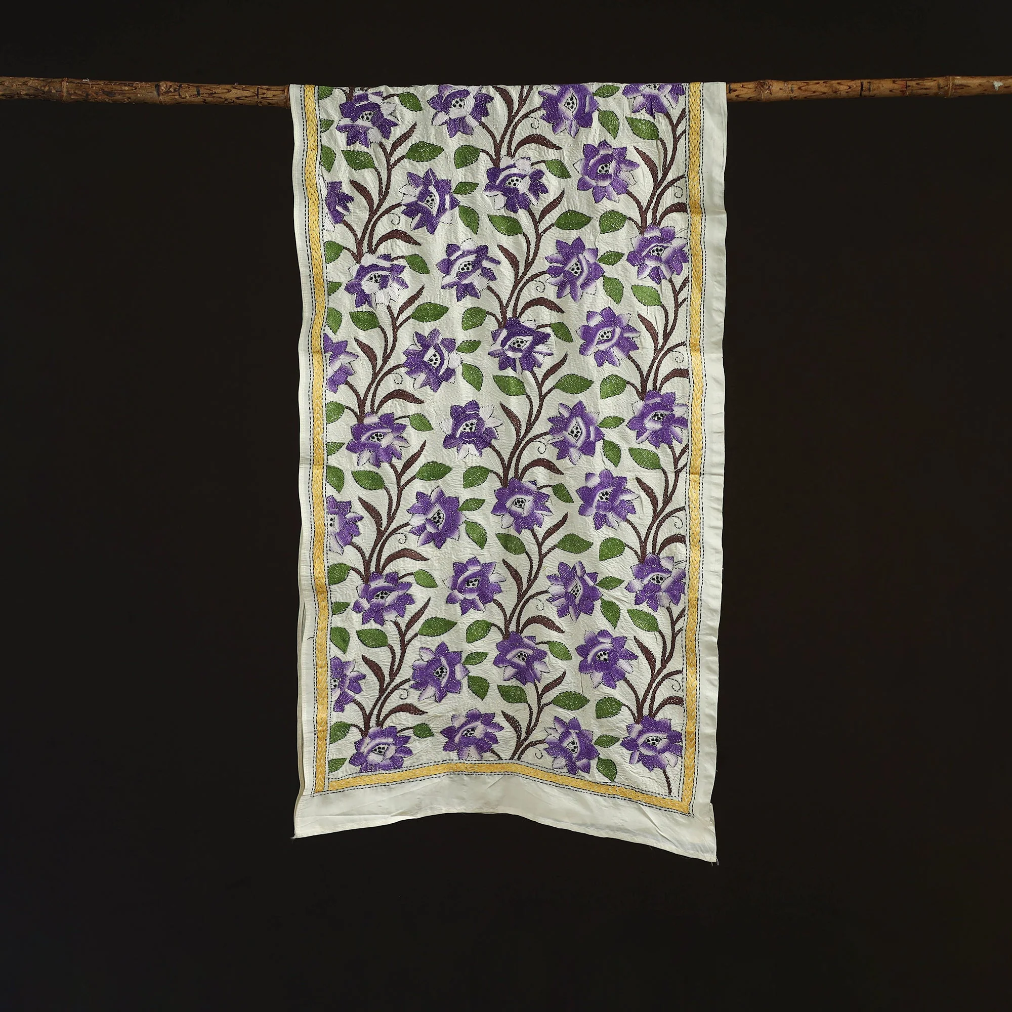 Purple - Bengal Kantha Hand Embroidered Handloom Tussar Silk Stole 46 - Image 3