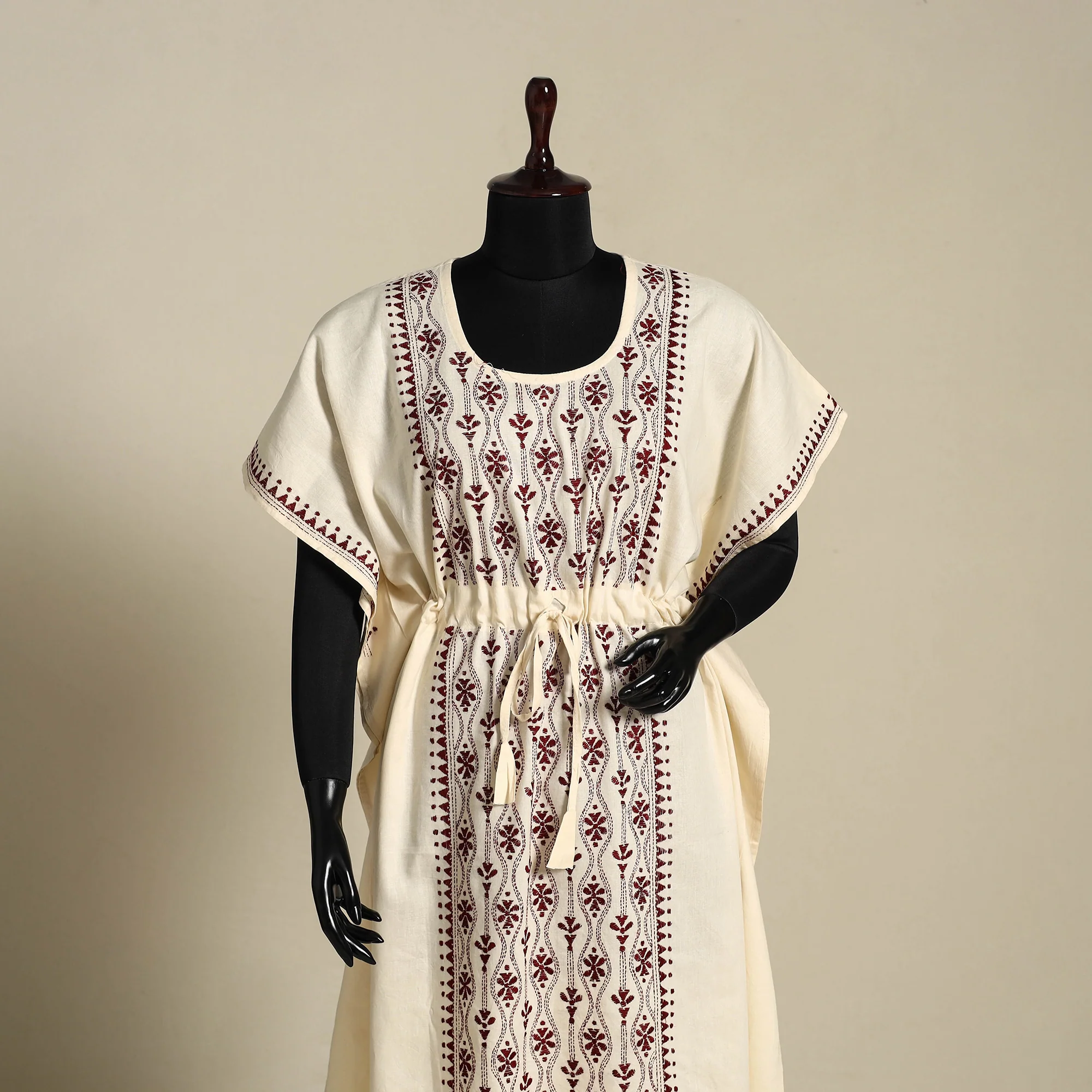 Beige - Bengal Kantha Hand Embroidery Cotton Kaftan (Long) 22 - Image 2