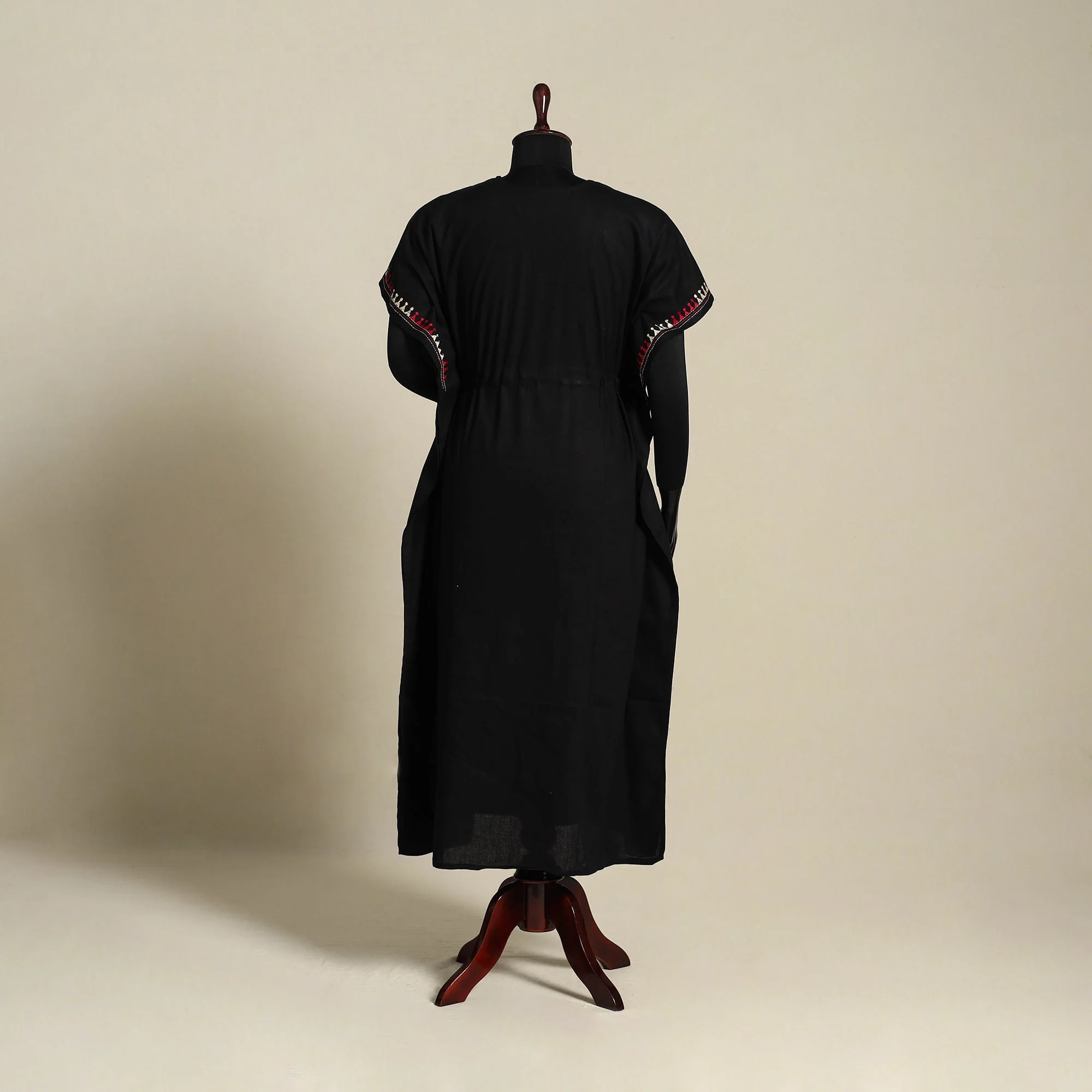 Black - Bengal Kantha Hand Embroidery Cotton Kaftan (Long) 33 - Image 5