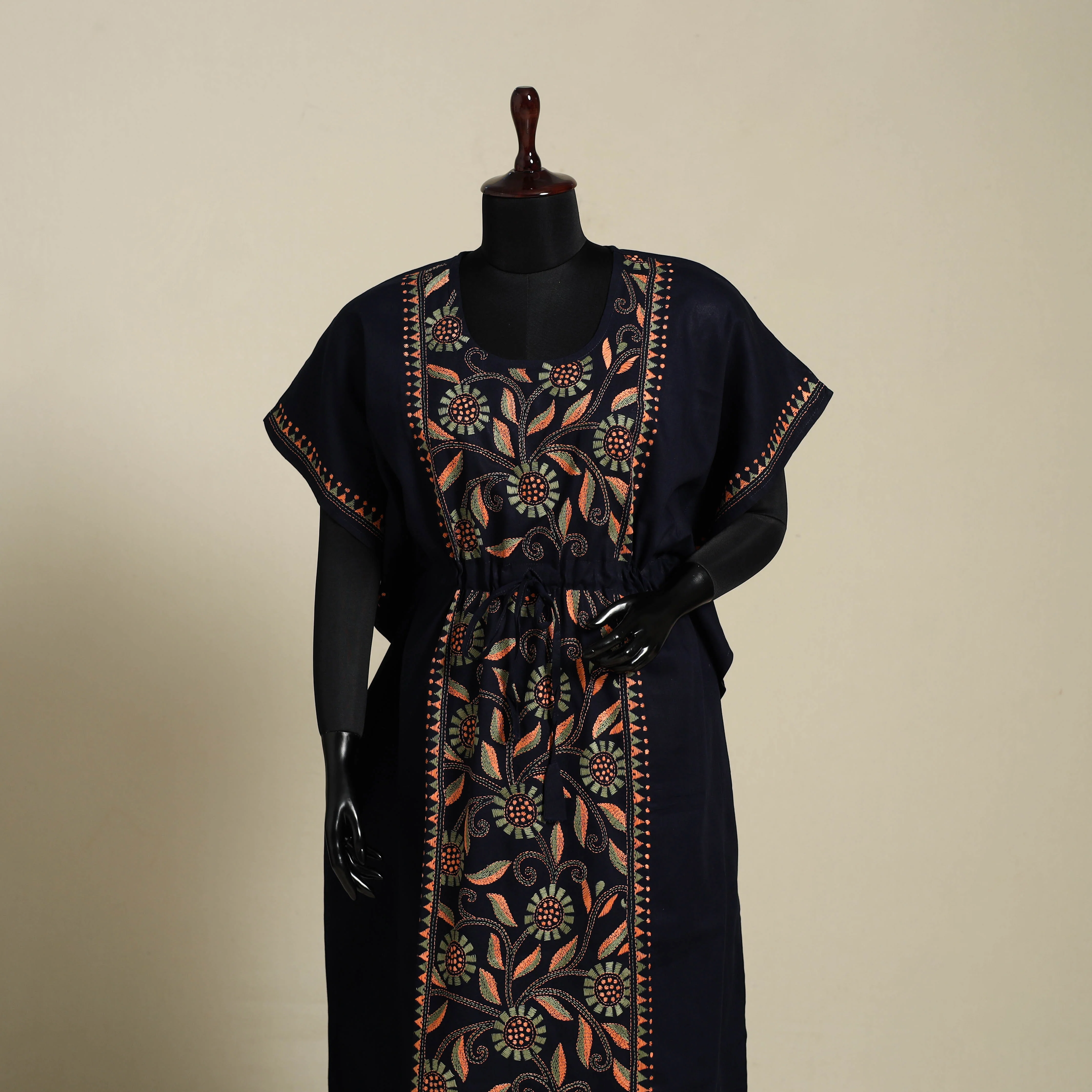 Black - Bengal Kantha Hand Embroidery Cotton Kaftan (Long) 48 - Image 2