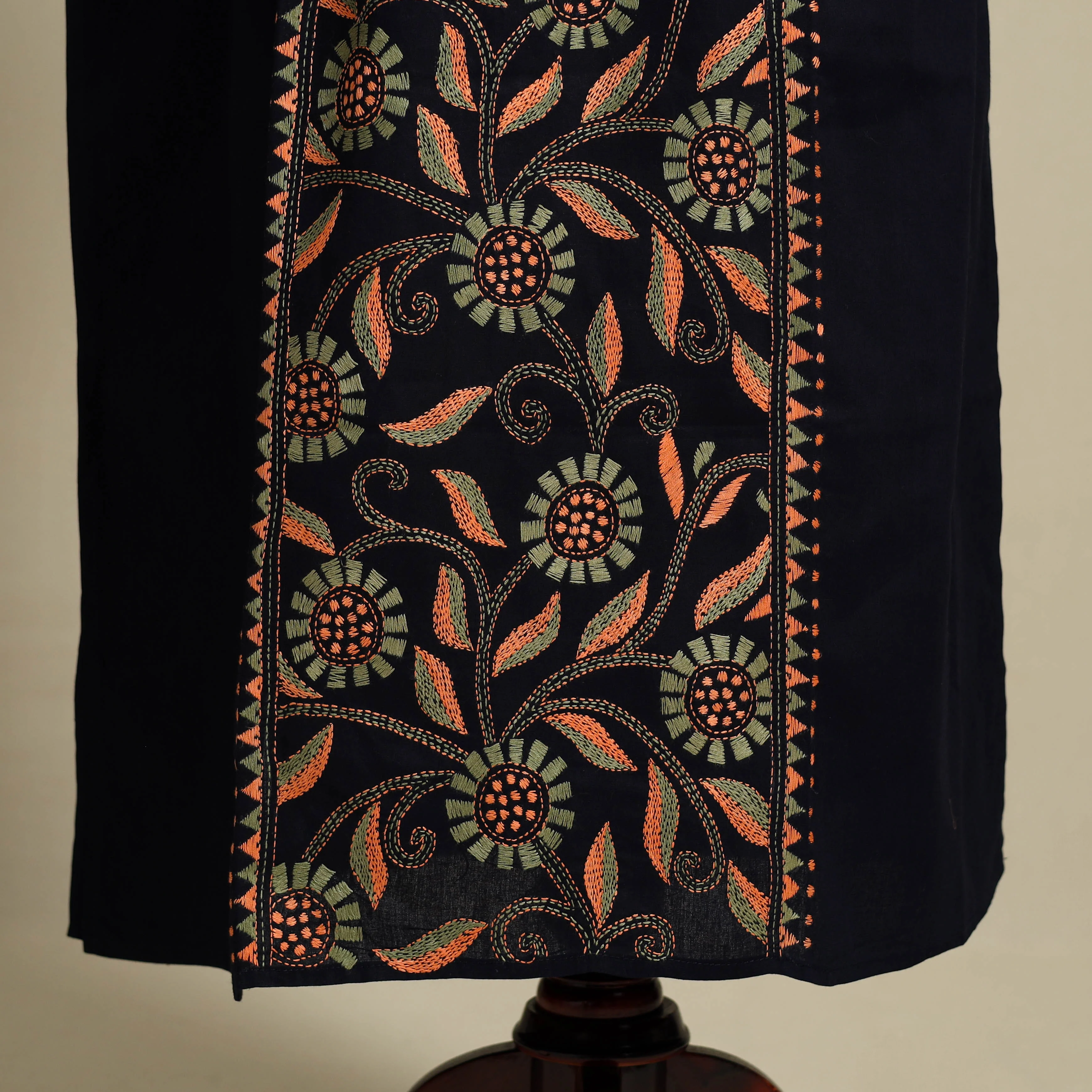 Black - Bengal Kantha Hand Embroidery Cotton Kaftan (Long) 48 - Image 4