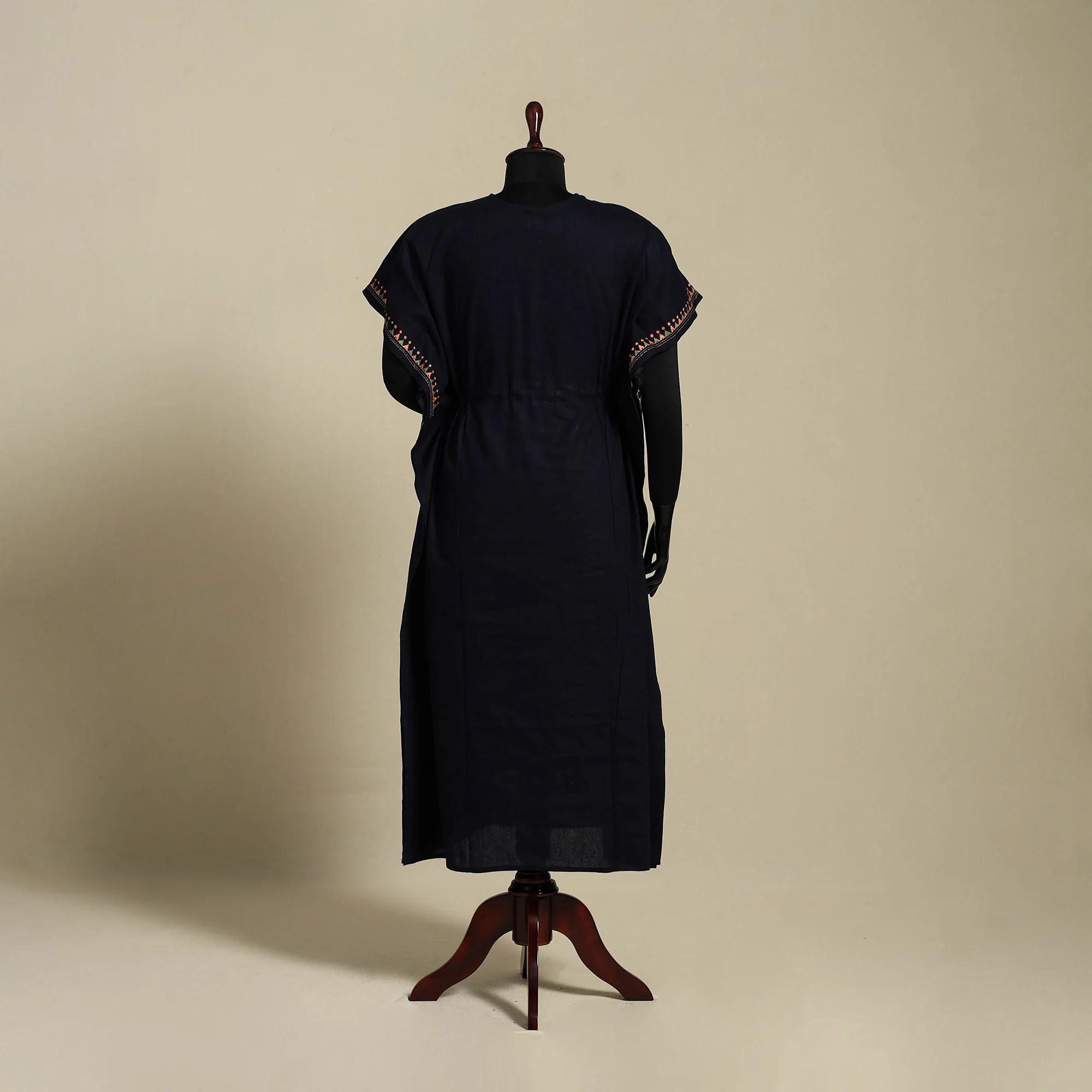 Black - Bengal Kantha Hand Embroidery Cotton Kaftan (Long) 48 - Image 5