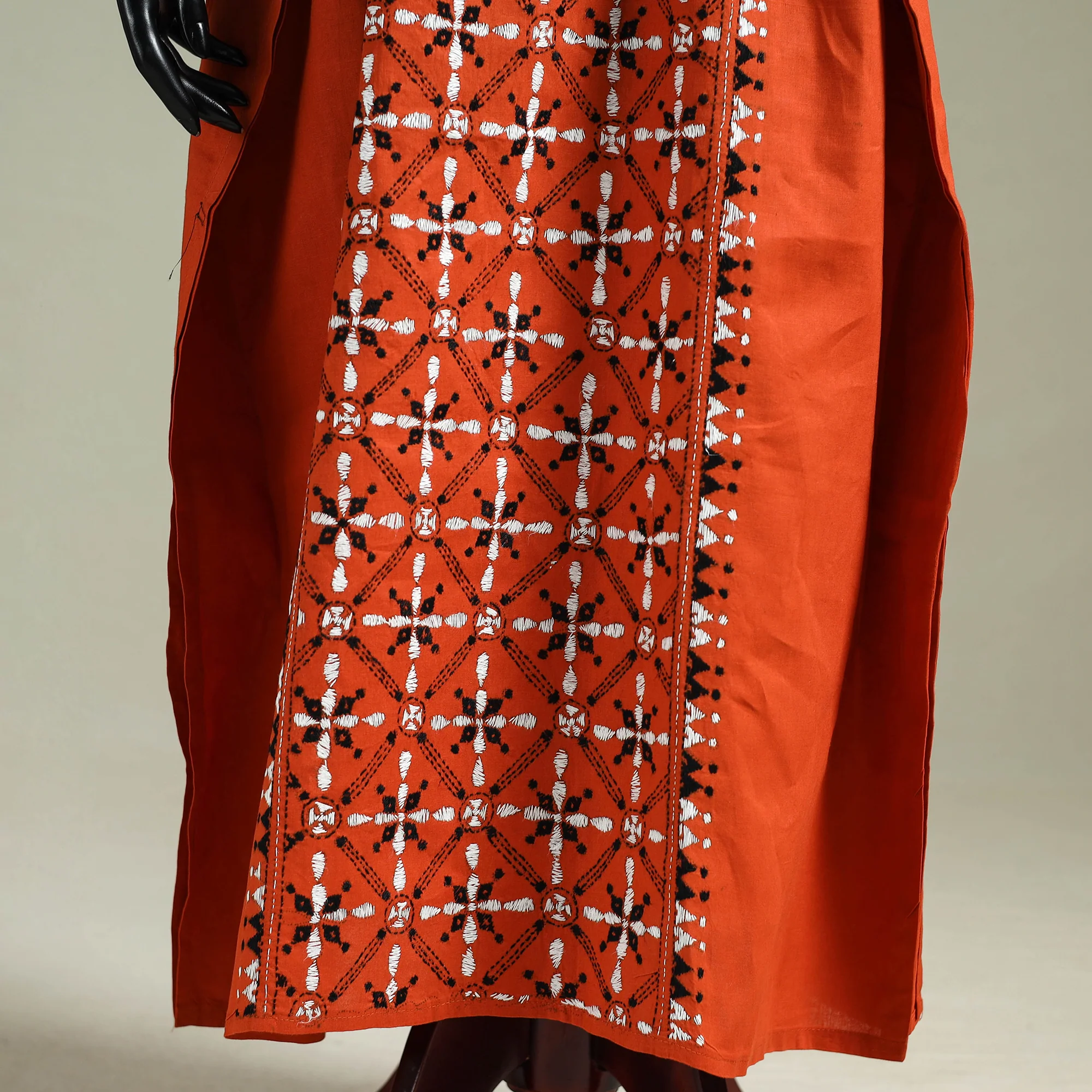 Orange - Bengal Kantha Hand Embroidery Cotton Long Kaftan 01 - Image 4