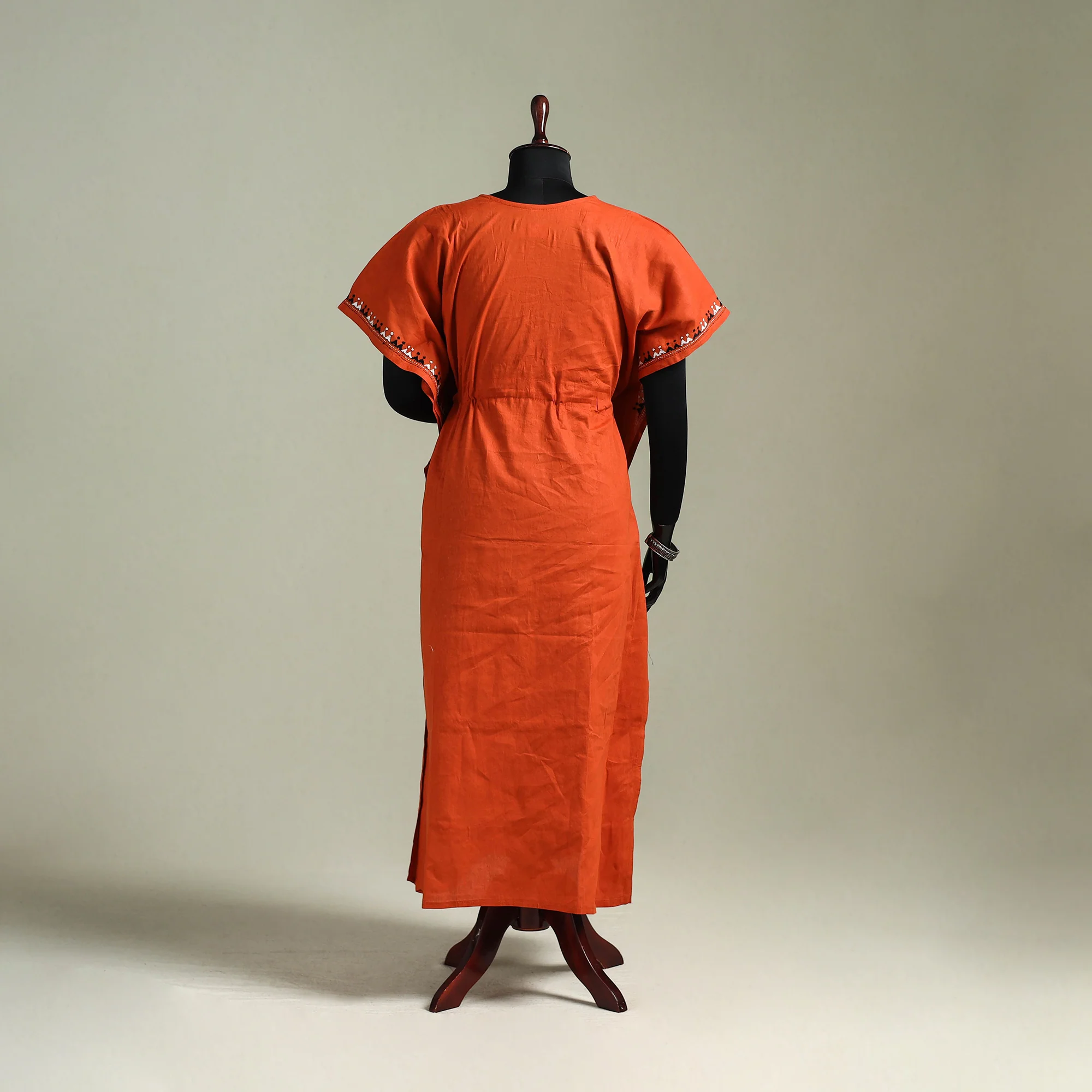 Orange - Bengal Kantha Hand Embroidery Cotton Long Kaftan 01 - Image 5